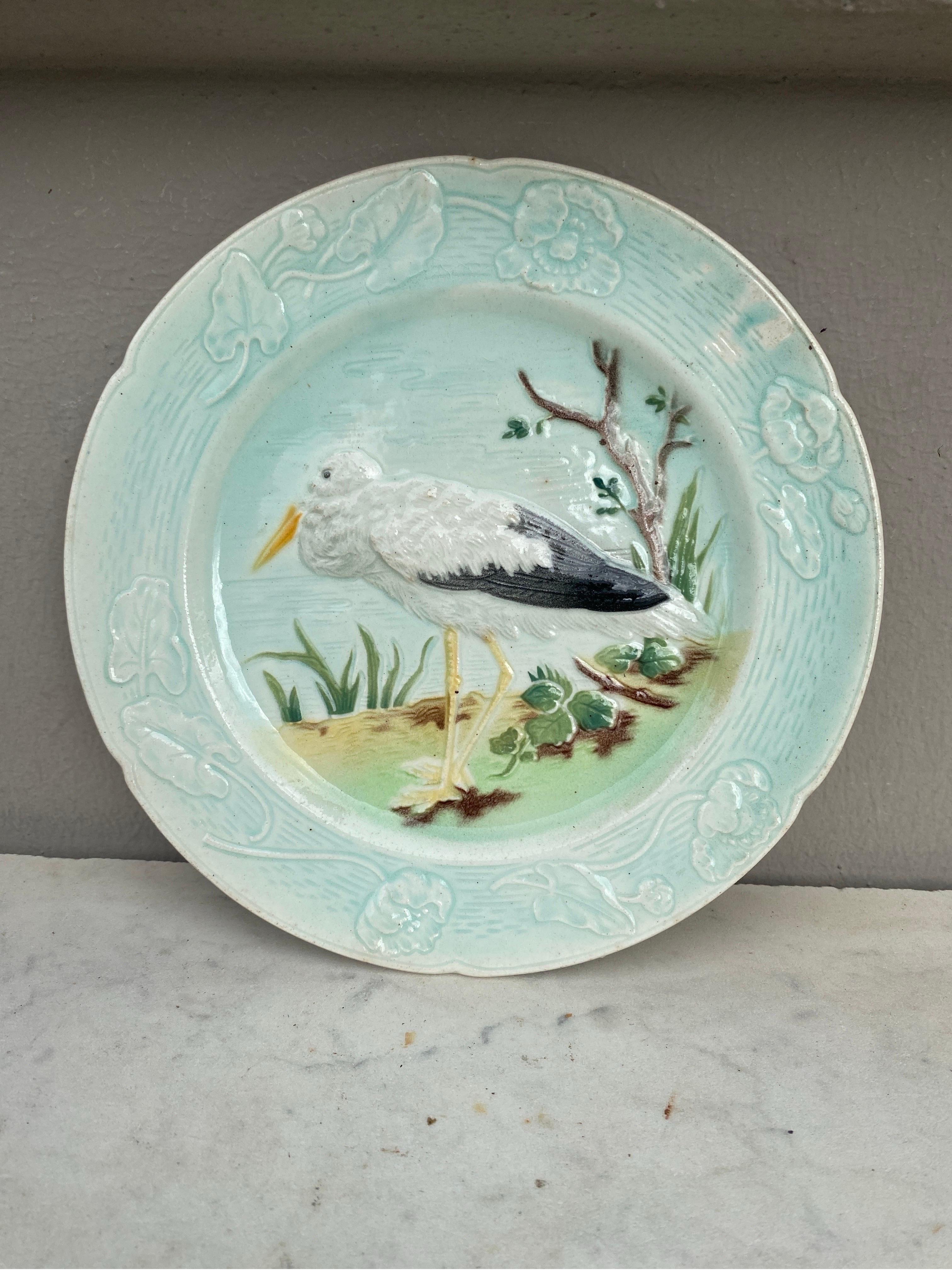 French Majolica Stork Plate Keller & Guerin Saint Clement, Circa 1900
Border with poppies.