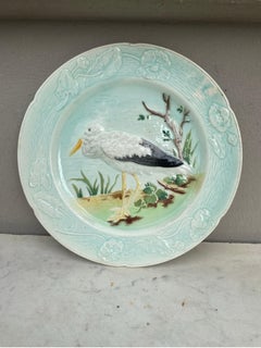 French Majolica Stork Plate Keller & Guerin Saint Clement, Circa 1900