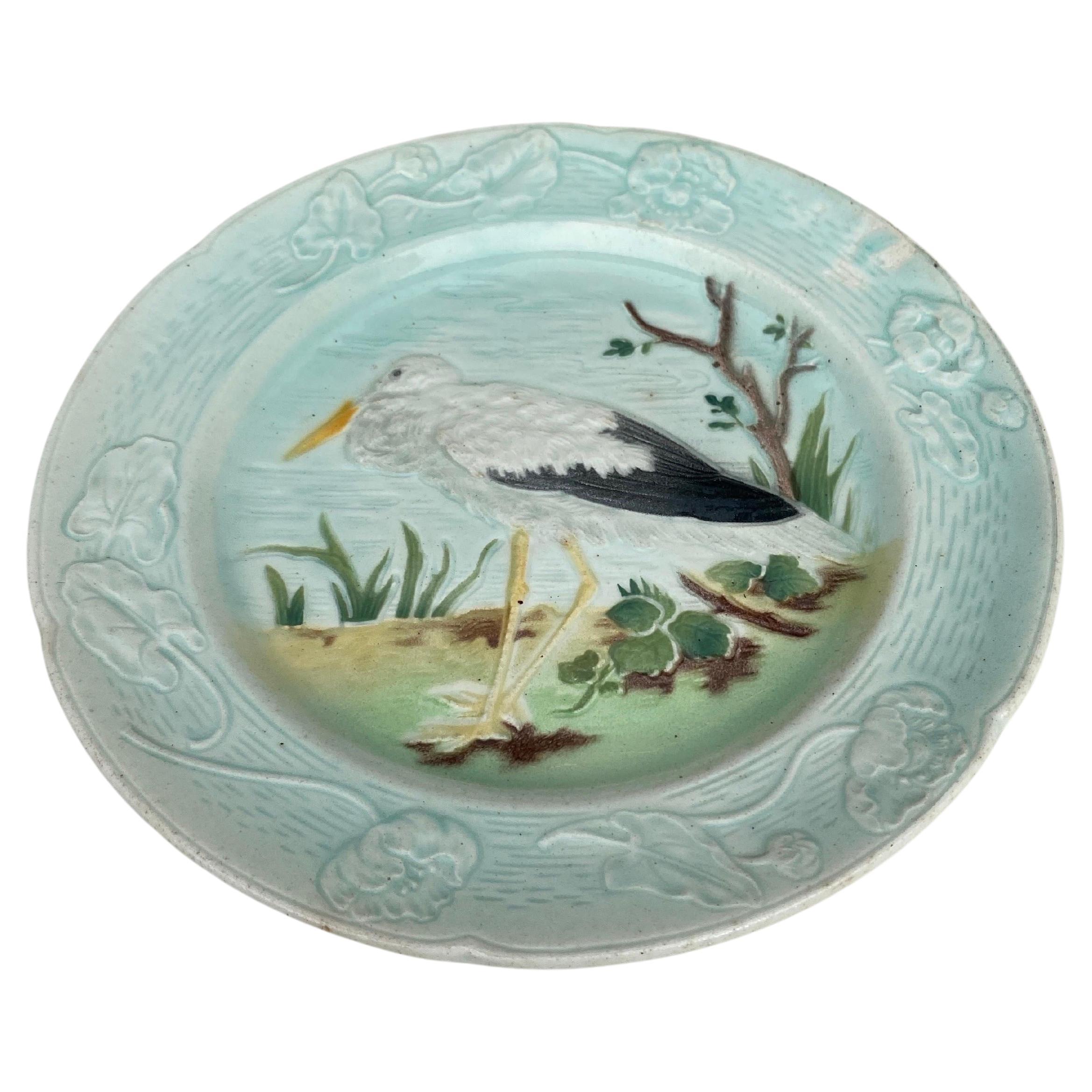 Rustic French Majolica Stork Plate Keller & Guerin Saint Clement, Circa 1900 For Sale