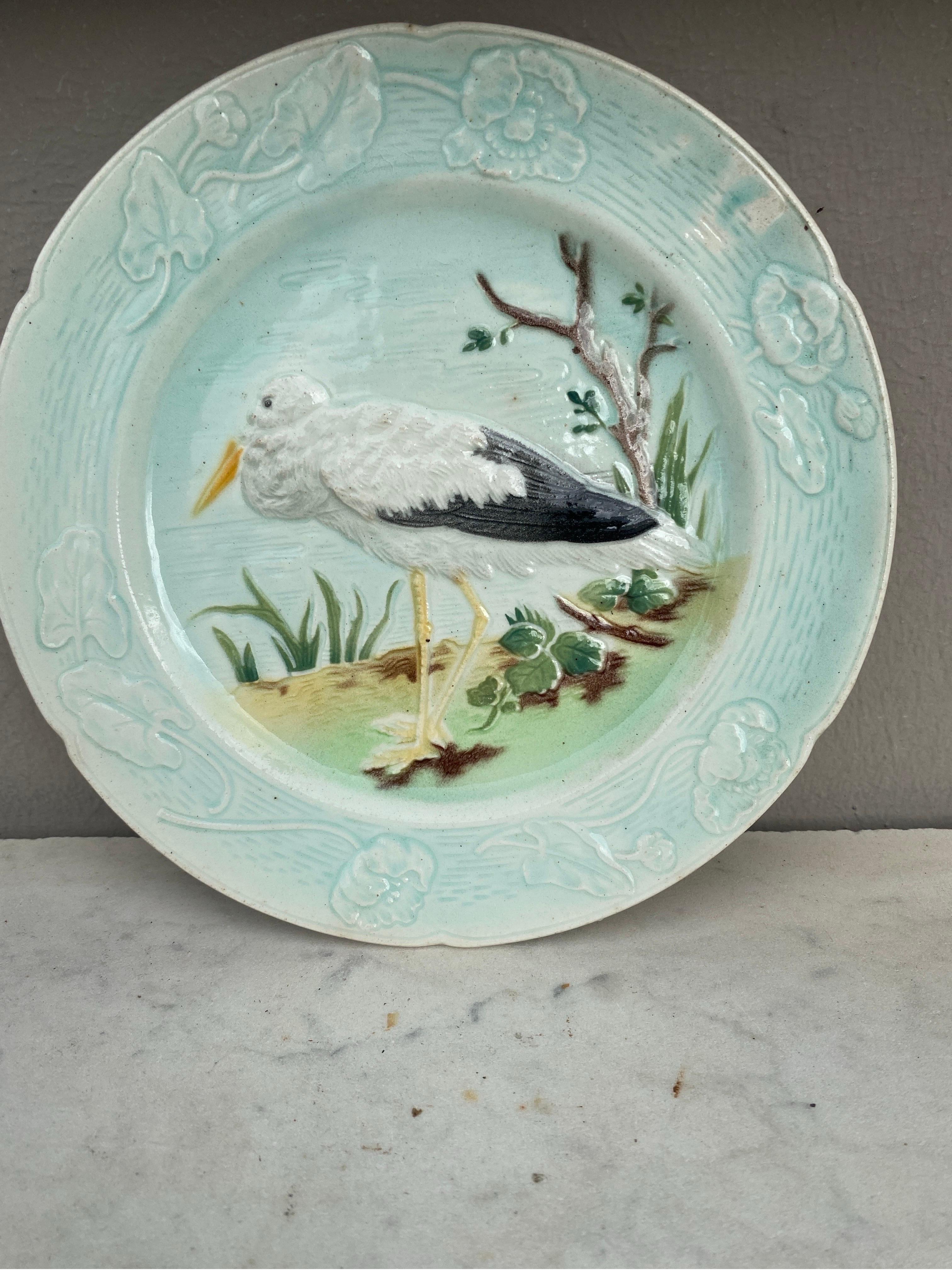 French Majolica Stork Plate Keller & Guerin Saint Clement, Circa 1900 In Good Condition For Sale In Austin, TX