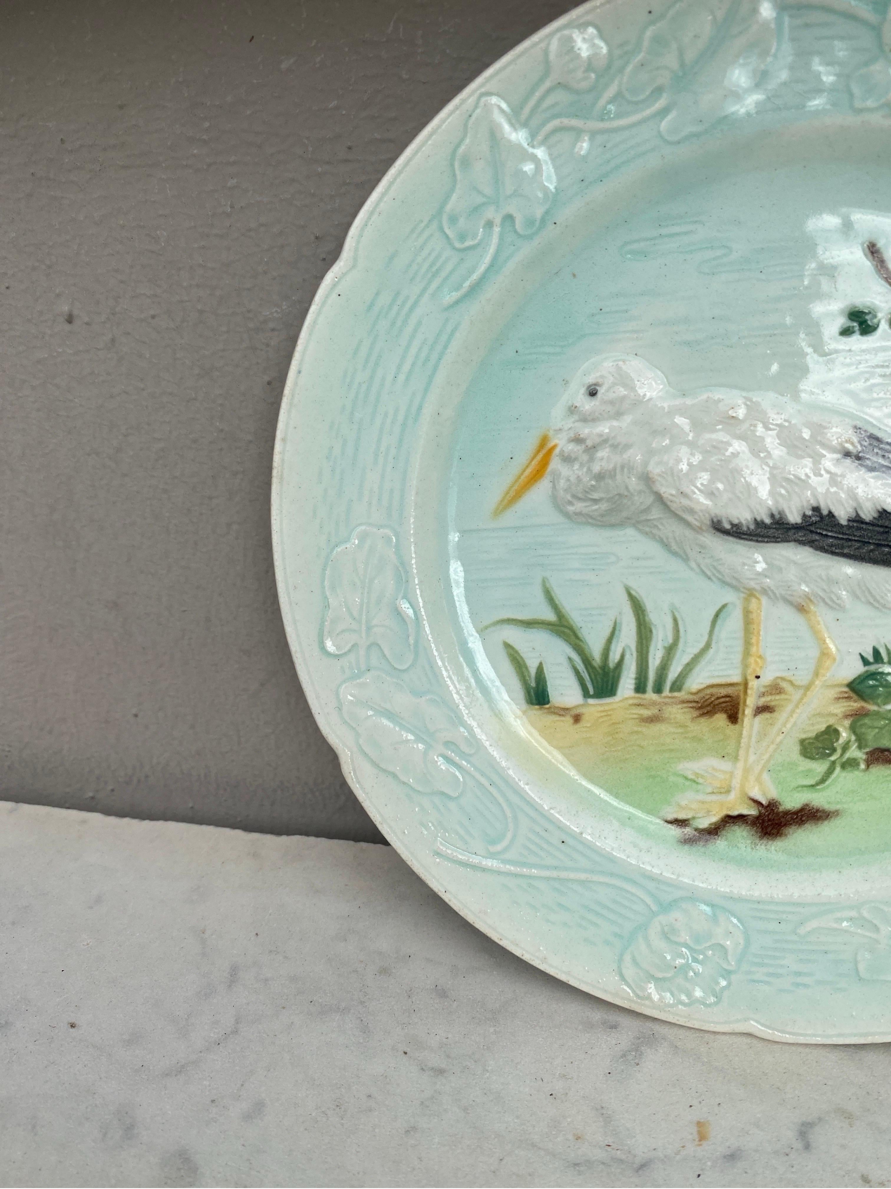 Early 20th Century French Majolica Stork Plate Keller & Guerin Saint Clement, Circa 1900 For Sale