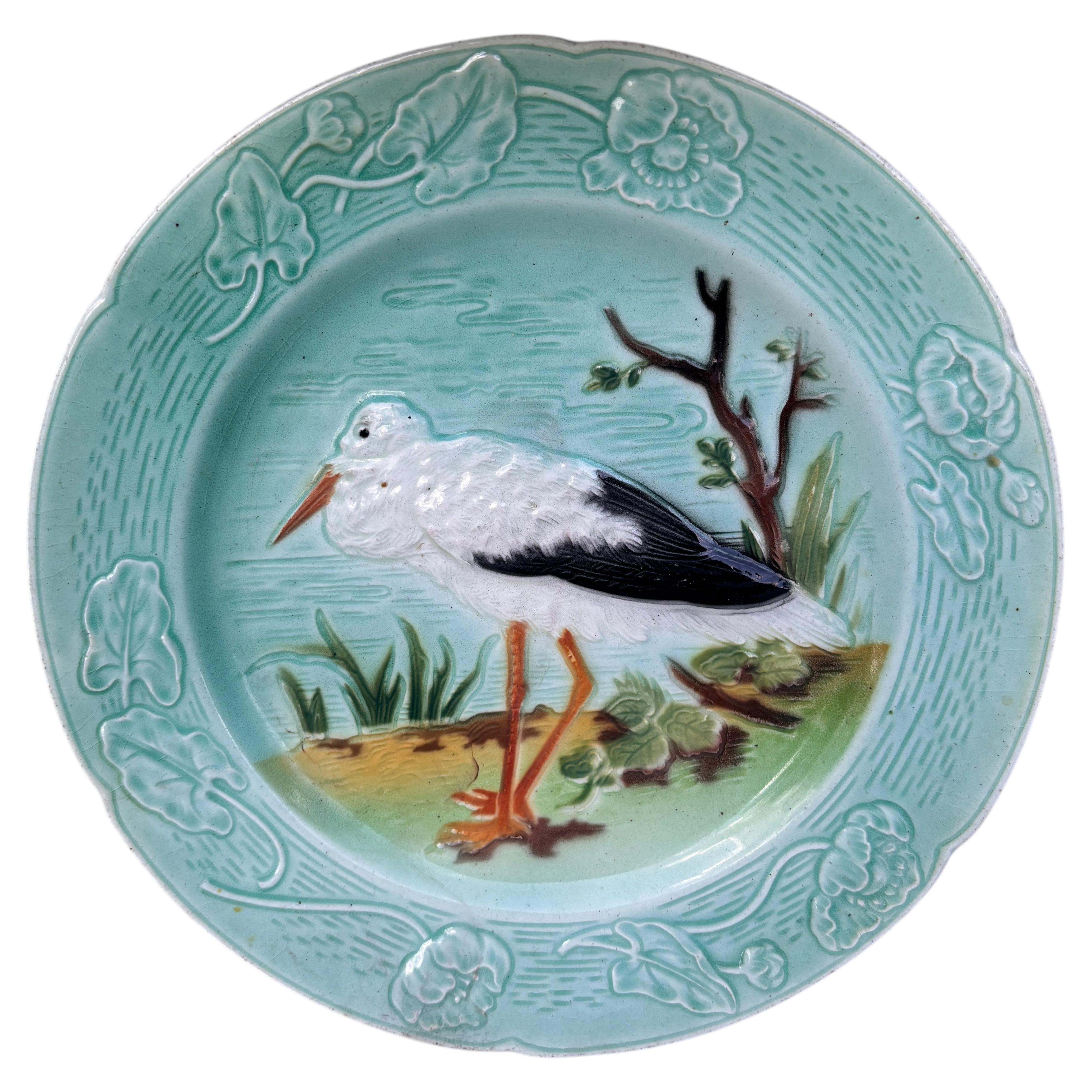 French Majolica Stork Plate Keller & Guerin Saint Clement, Circa 1900