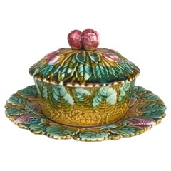 French Majolica Strawberries & Cherries Basket Sarreguemines circa 1920