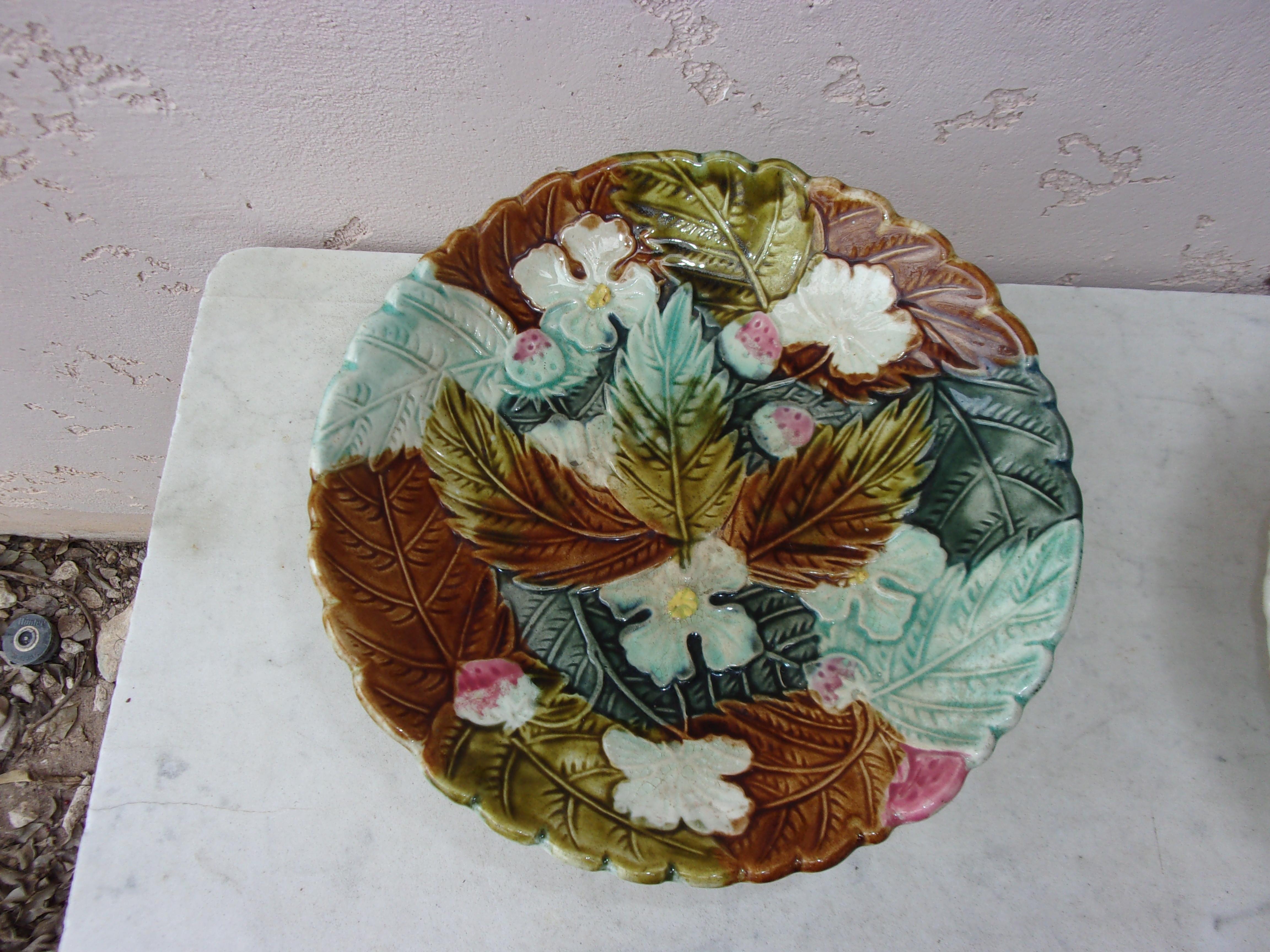 French Provincial French Majolica Strawberry Orchies Cake Stand, circa 1880