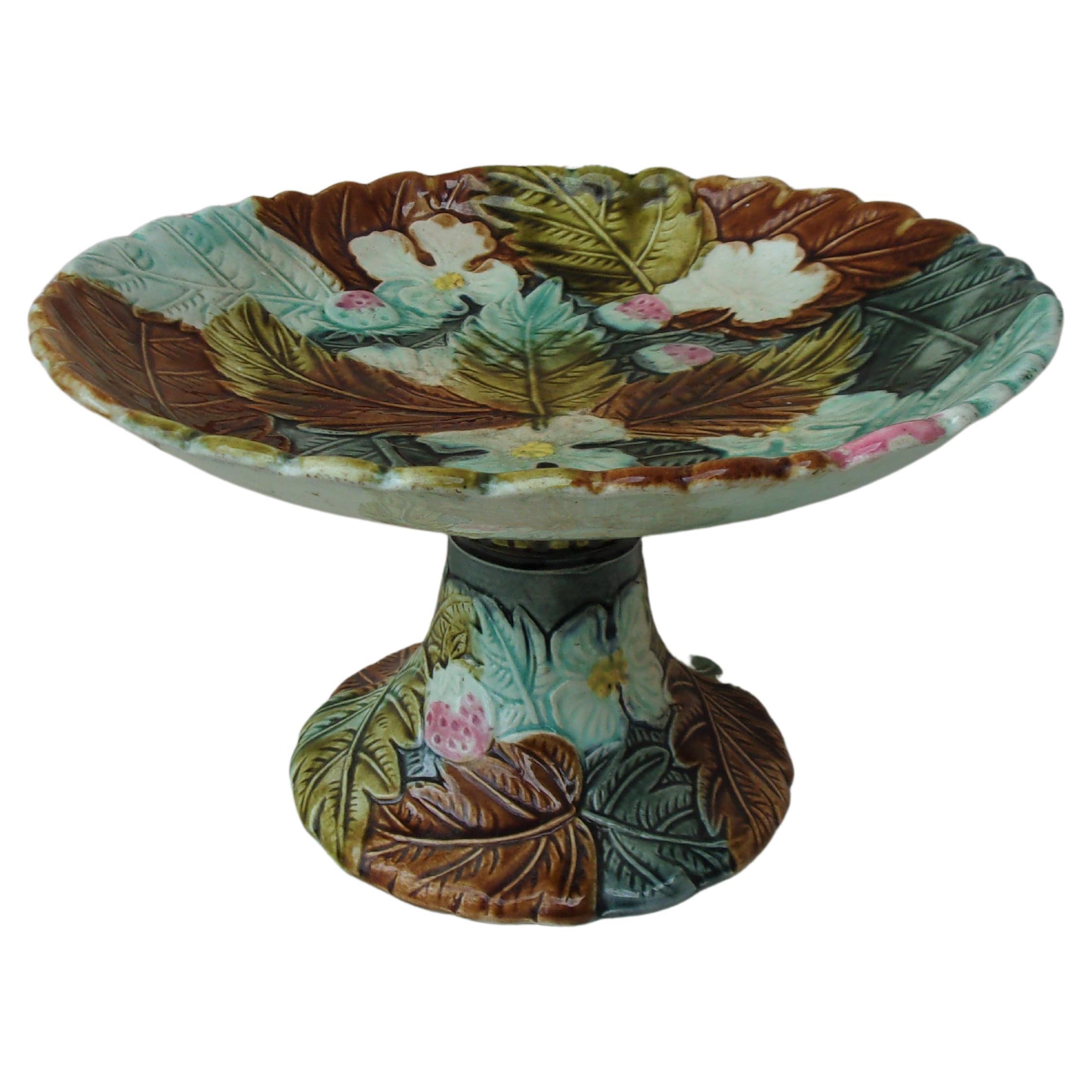 French Majolica Strawberry Orchies Cake Stand, circa 1880