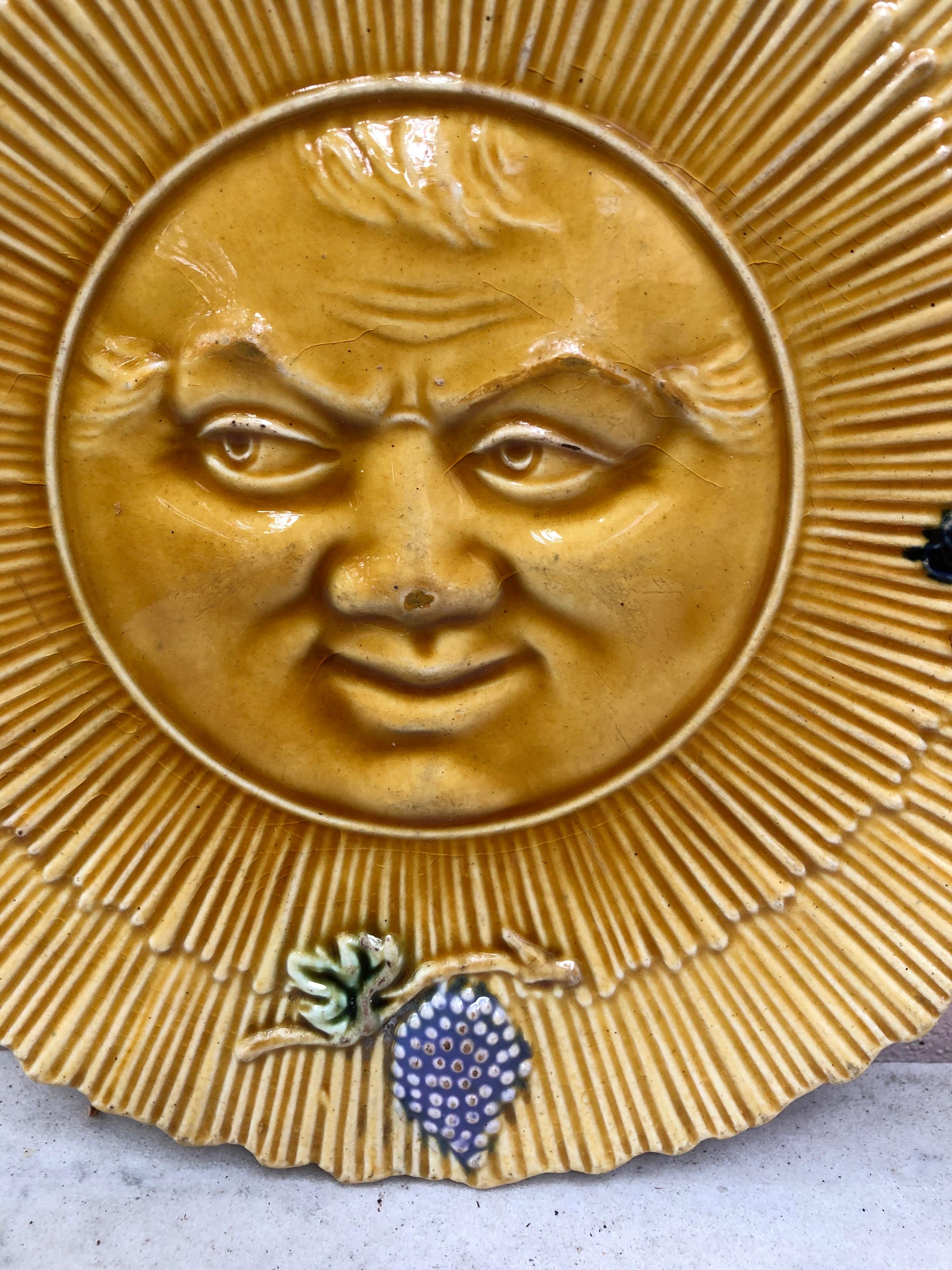 Unusual French yellow Majolica sun plate with bird, butterfly, insects and grapes, circa 1880.
     