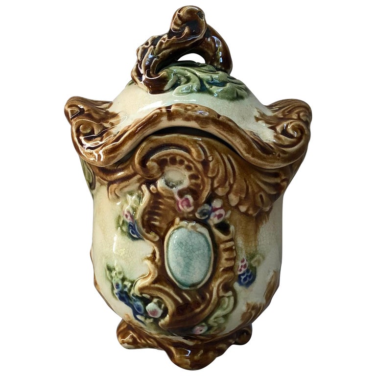 majolica tobacco jar French Majolica Tobacco Jar Onnaing, Circa 1890 For Sale at 1stDibs