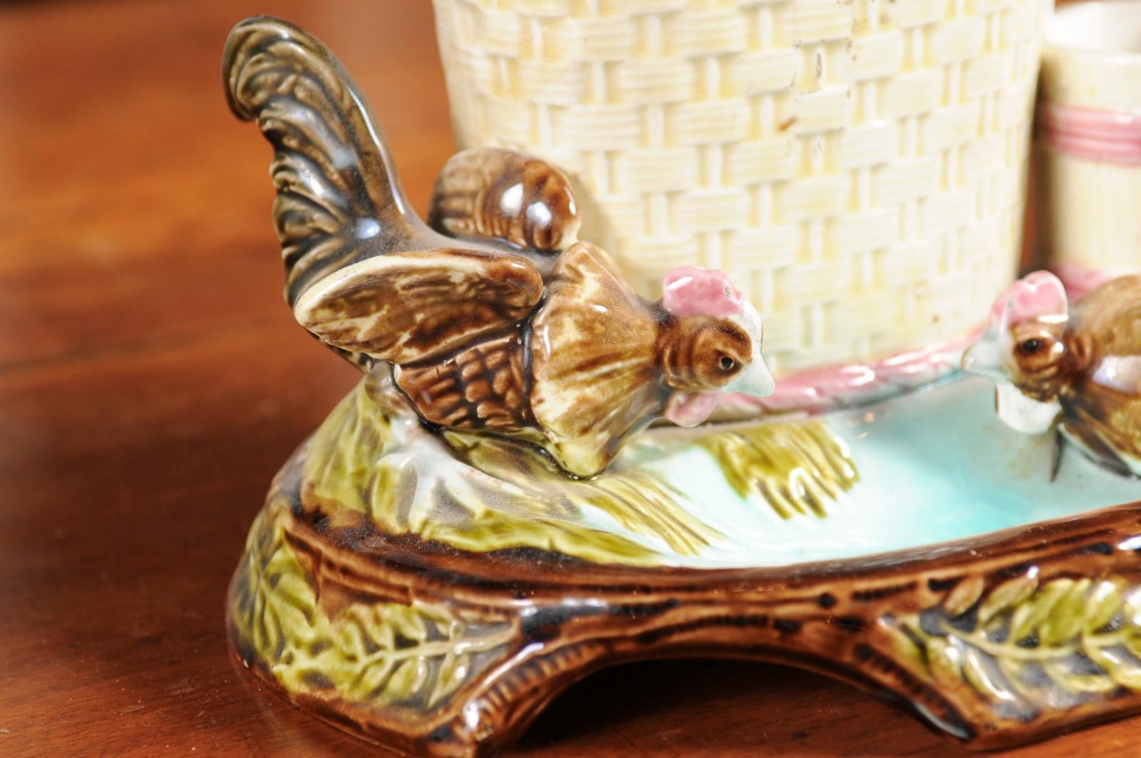 Eichwald Majolica Tobacco Jar with Roosters Pecking the Ground, circa 1870 For Sale 1