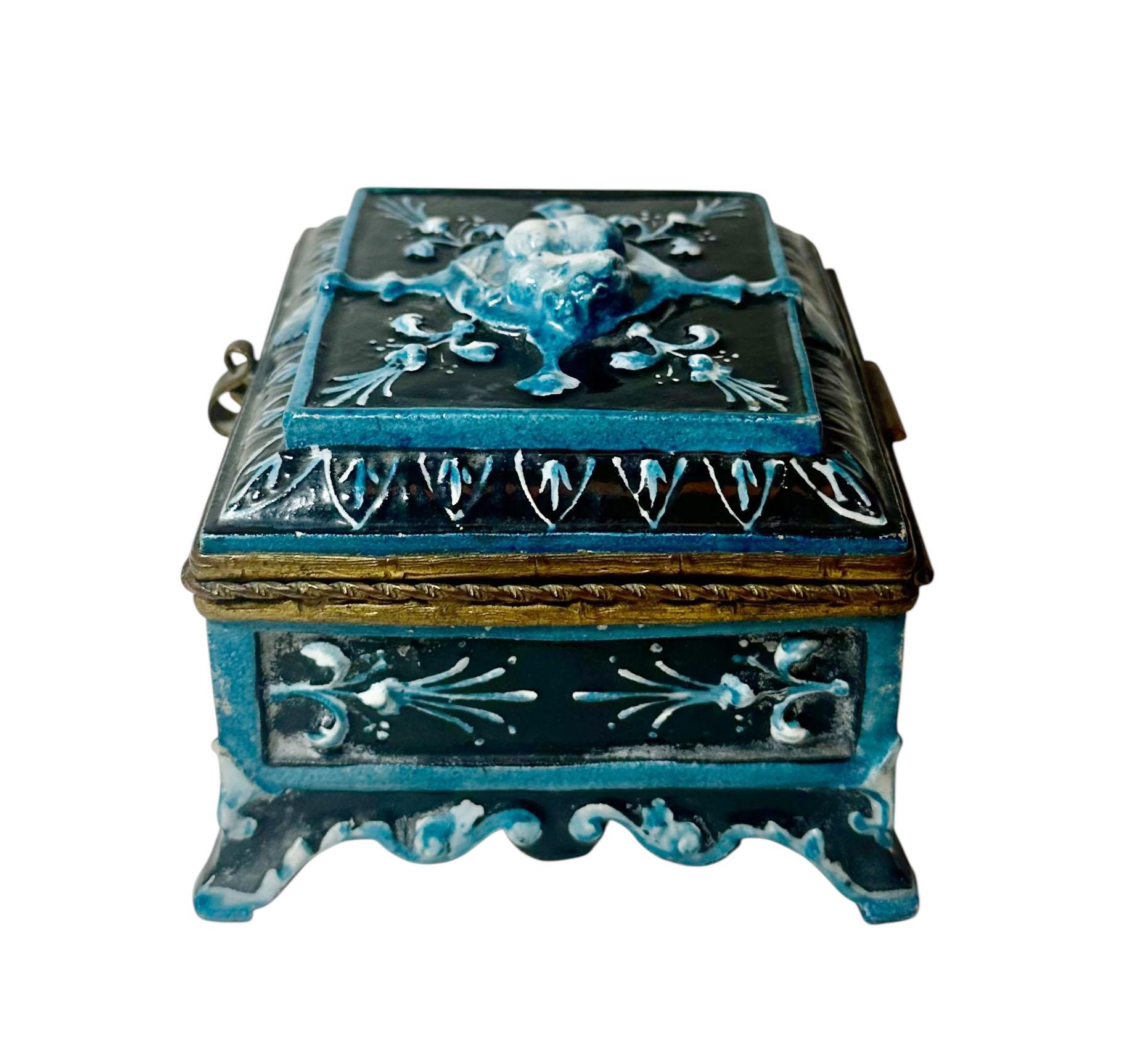 French Majolica Trinket Box with Cherubs For Sale 5