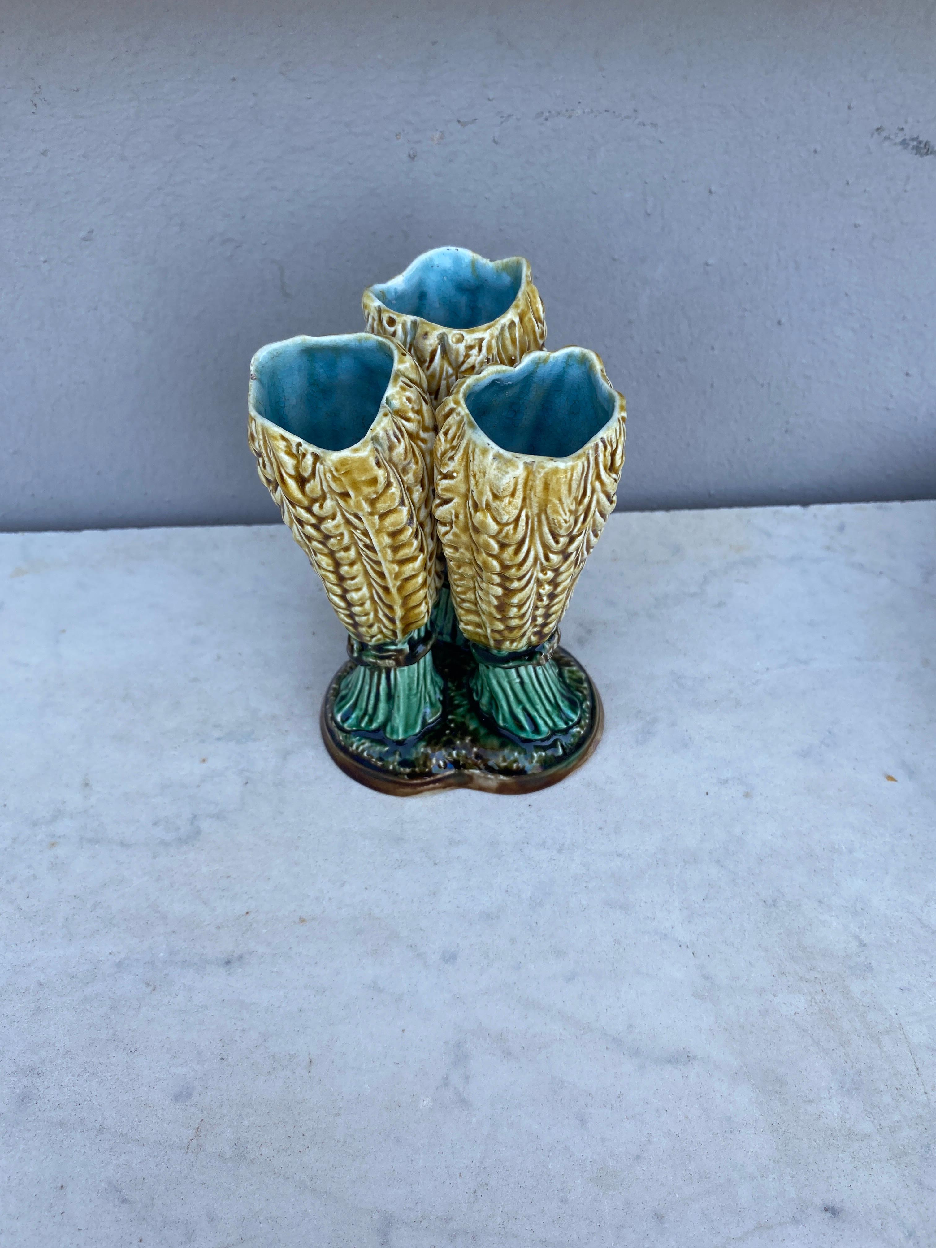 French Majolica Triple Wheat Vase signed Saint Amand, circa 1890.