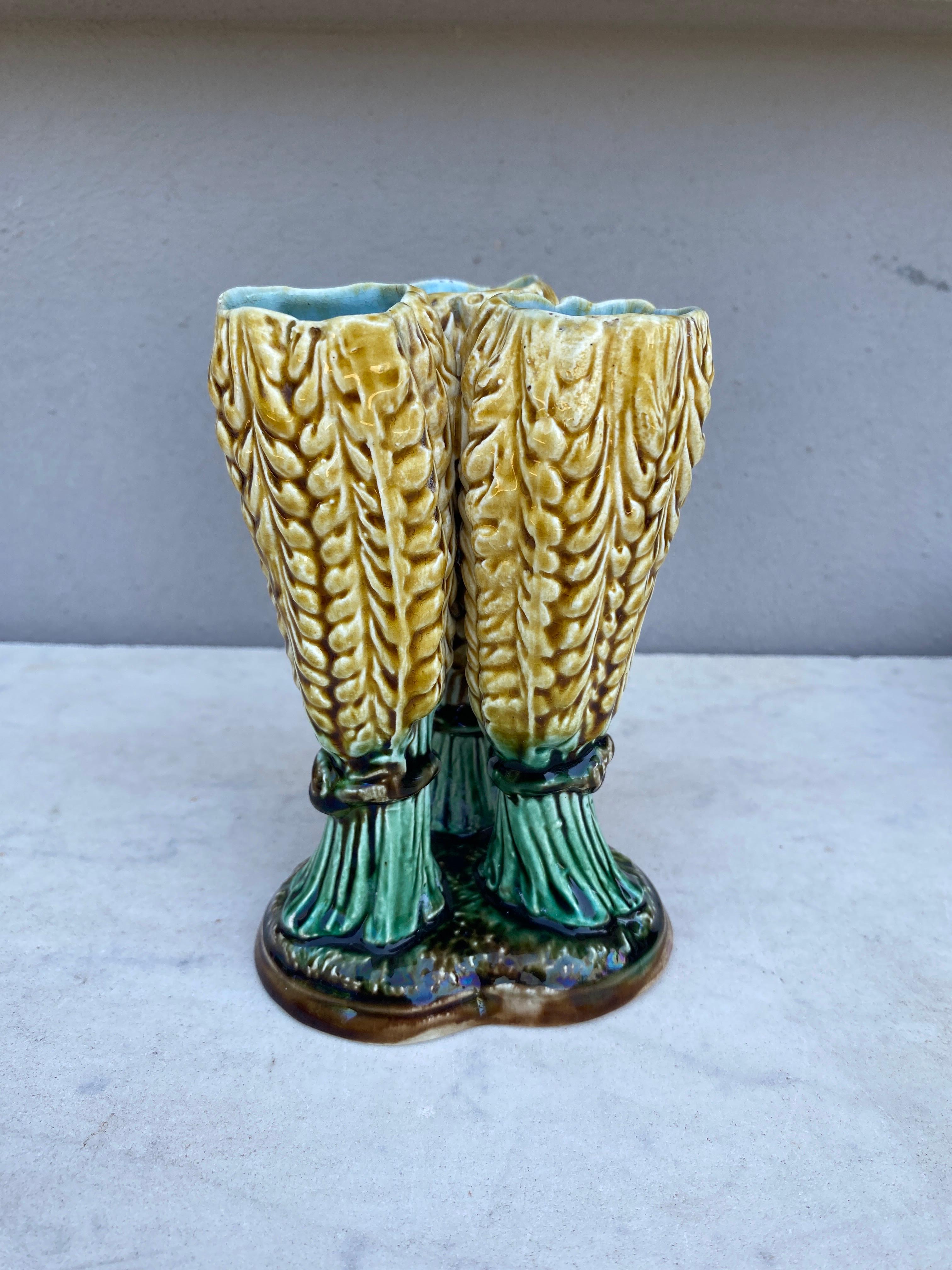 Rustic French Majolica Triple Wheat Vase Saint Amand, circa 1890 For Sale