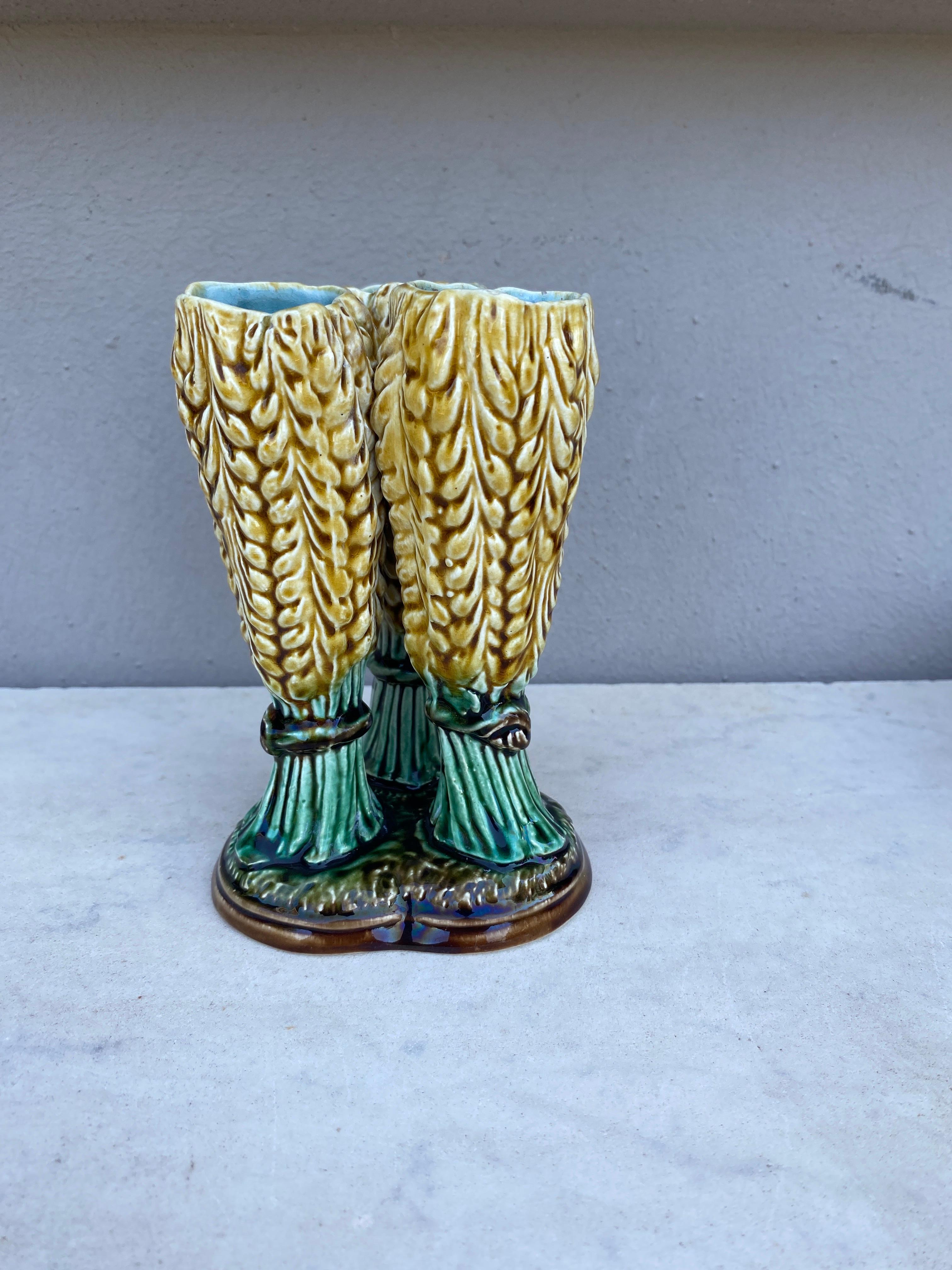 Early 20th Century French Majolica Triple Wheat Vase Saint Amand, circa 1890 For Sale