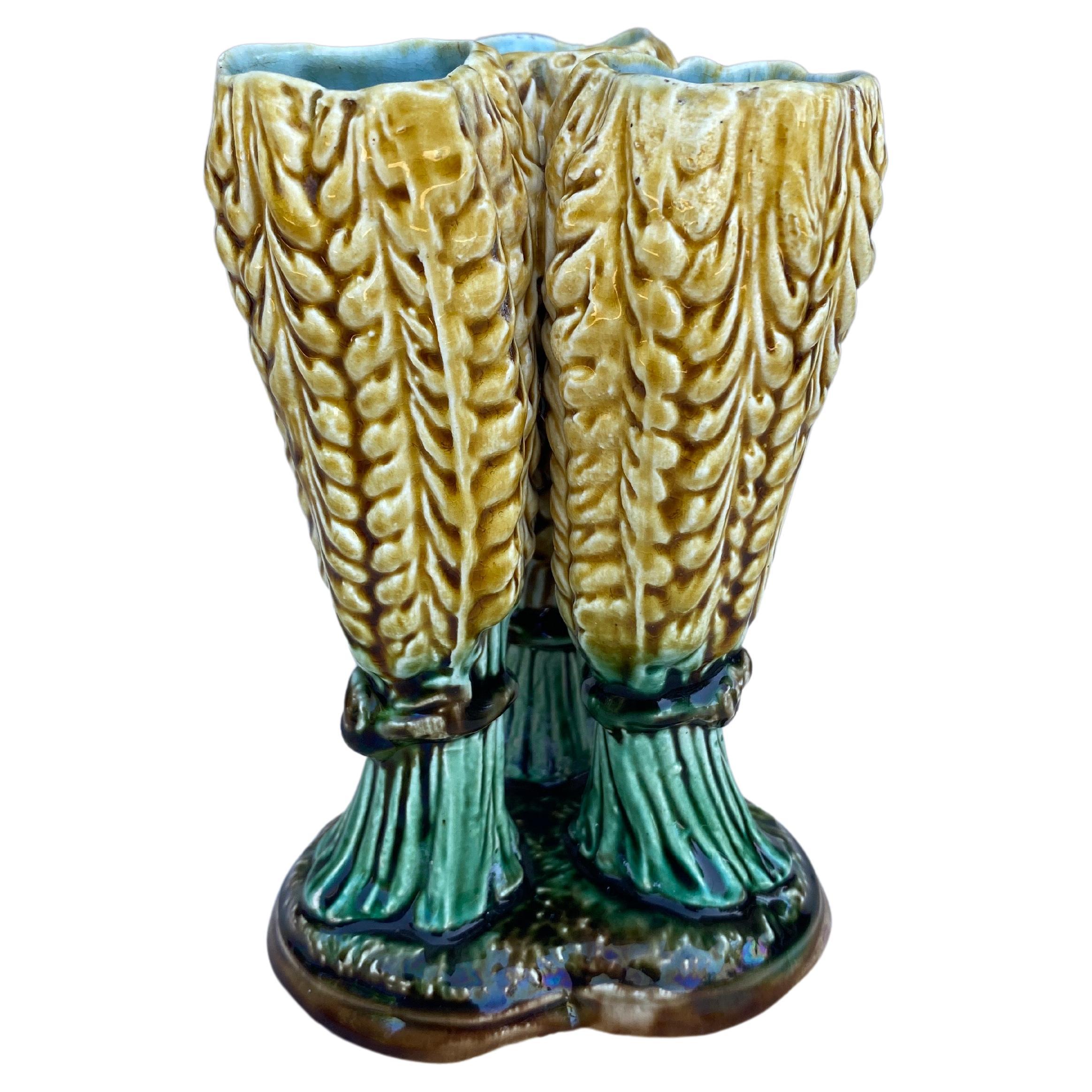 French Majolica Triple Wheat Vase Saint Amand, circa 1890 For Sale