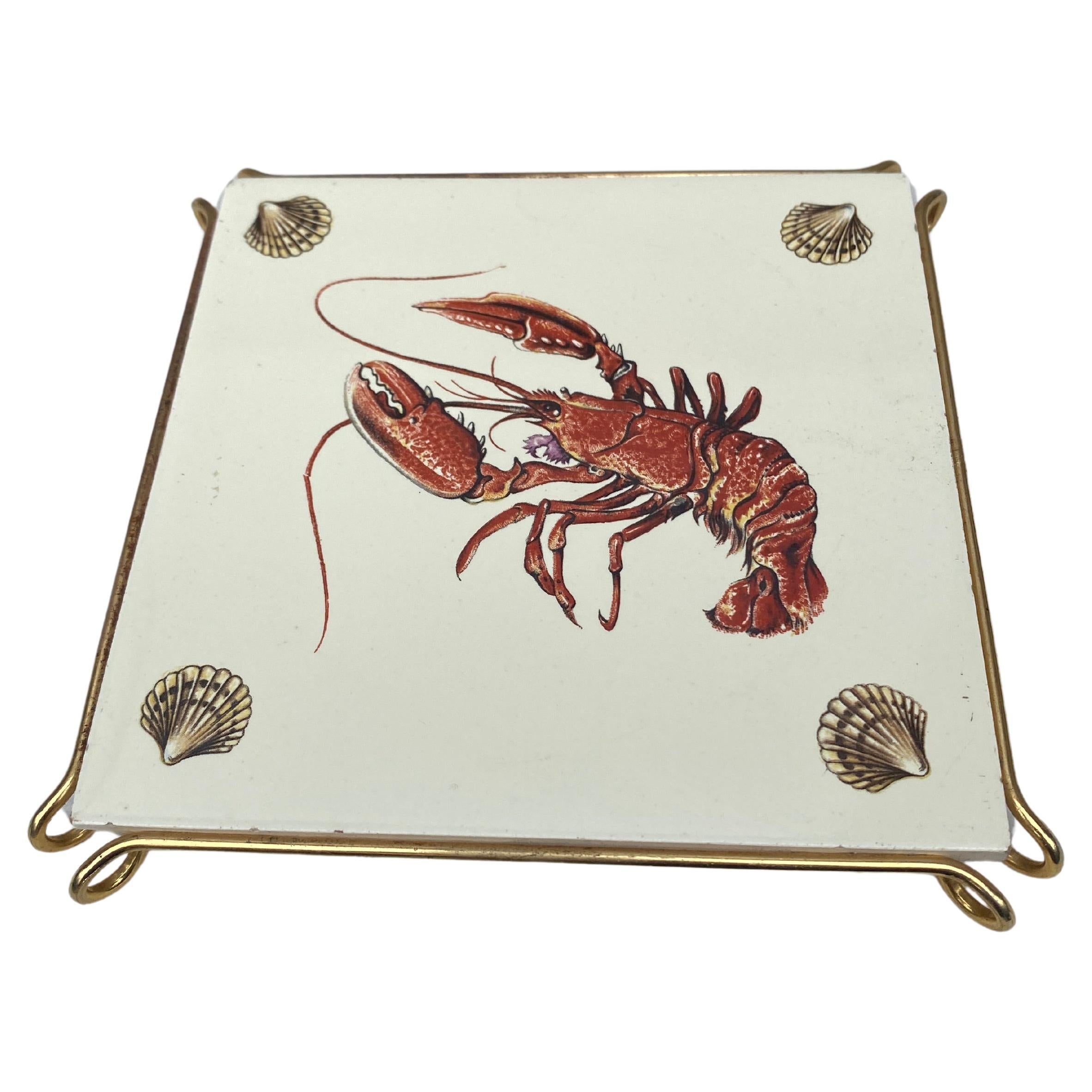 French Majolica Trivet Lobster and shells signed Gien Circa 1940.