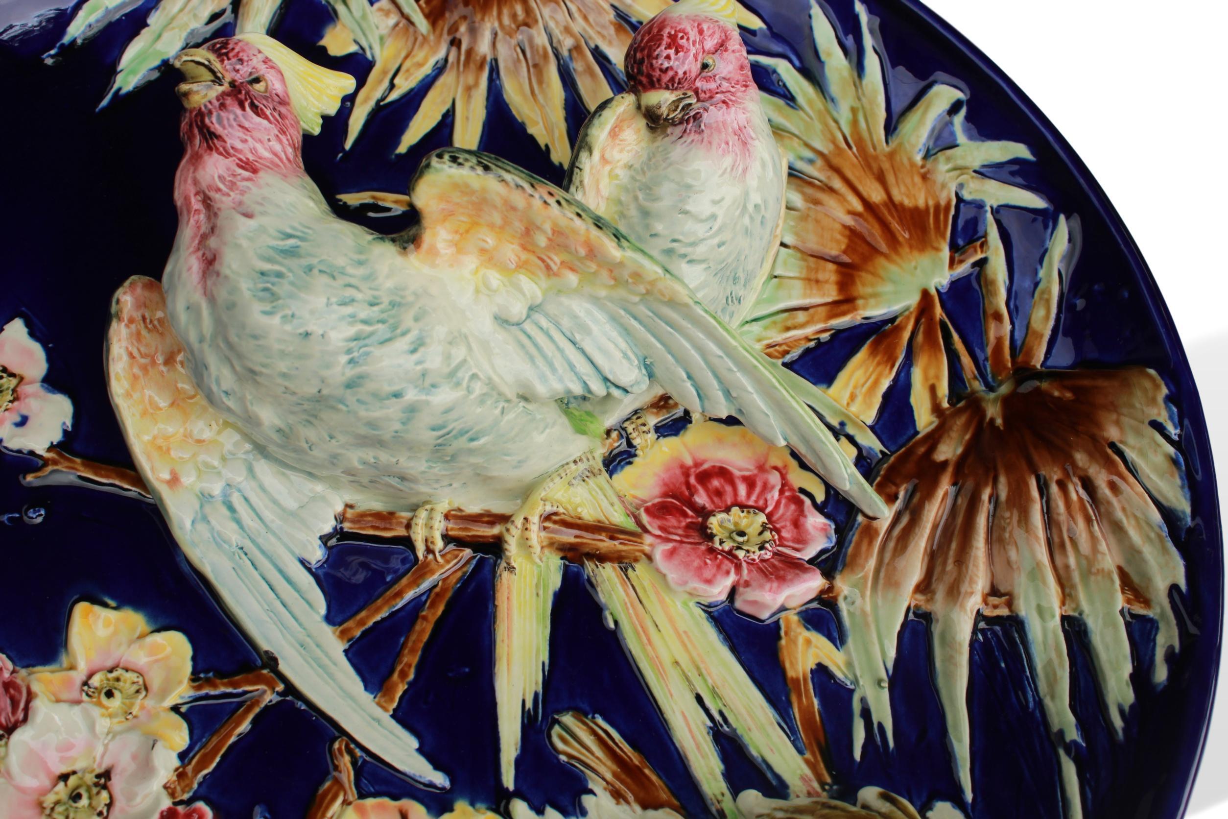 French Majolica Trompe L'oeil Charger, Parrots on a Cobalt Blue Ground, ca. 1880 3