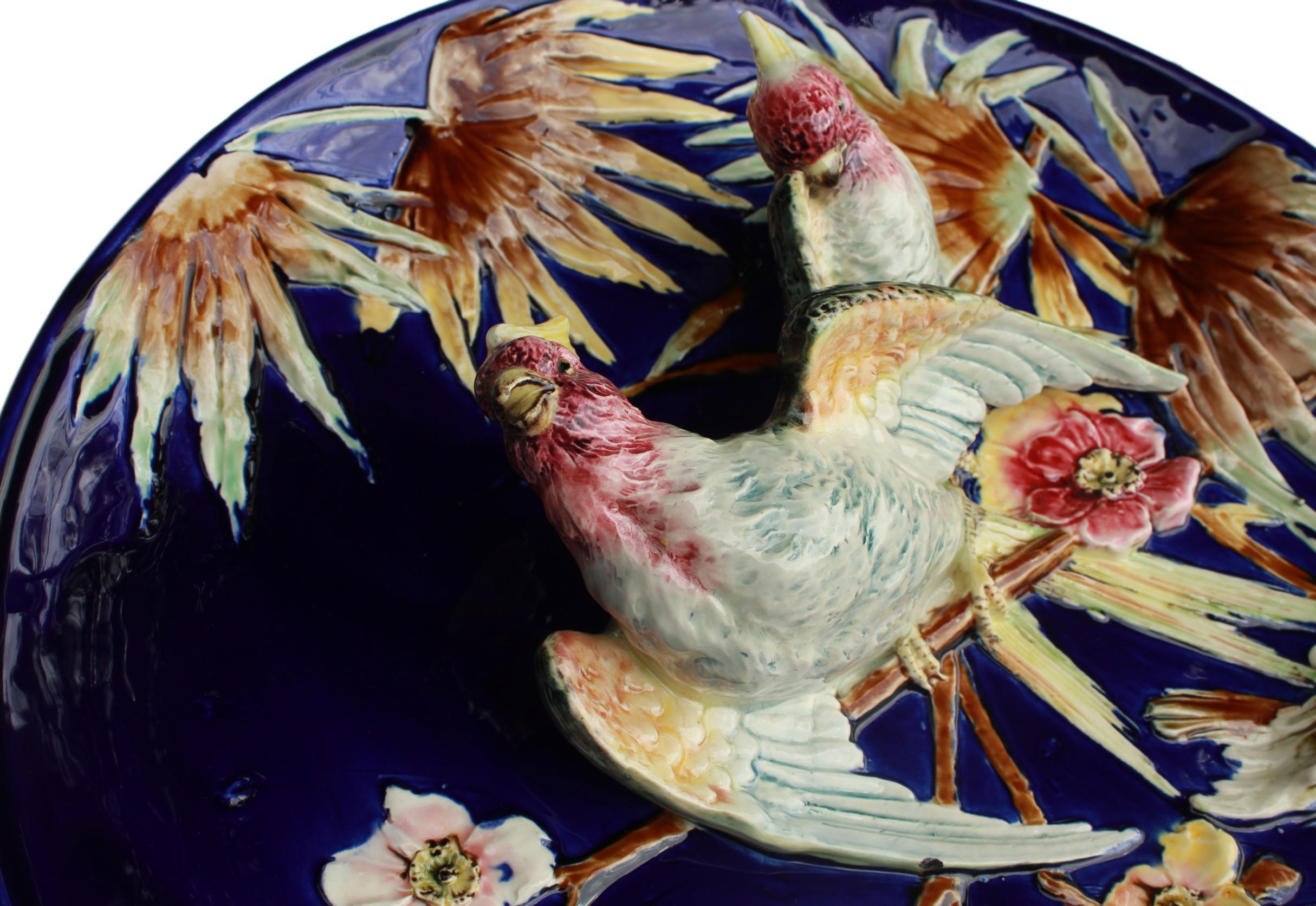 French Majolica Trompe L'oeil Charger, Parrots on a Cobalt Blue Ground, ca. 1880 4