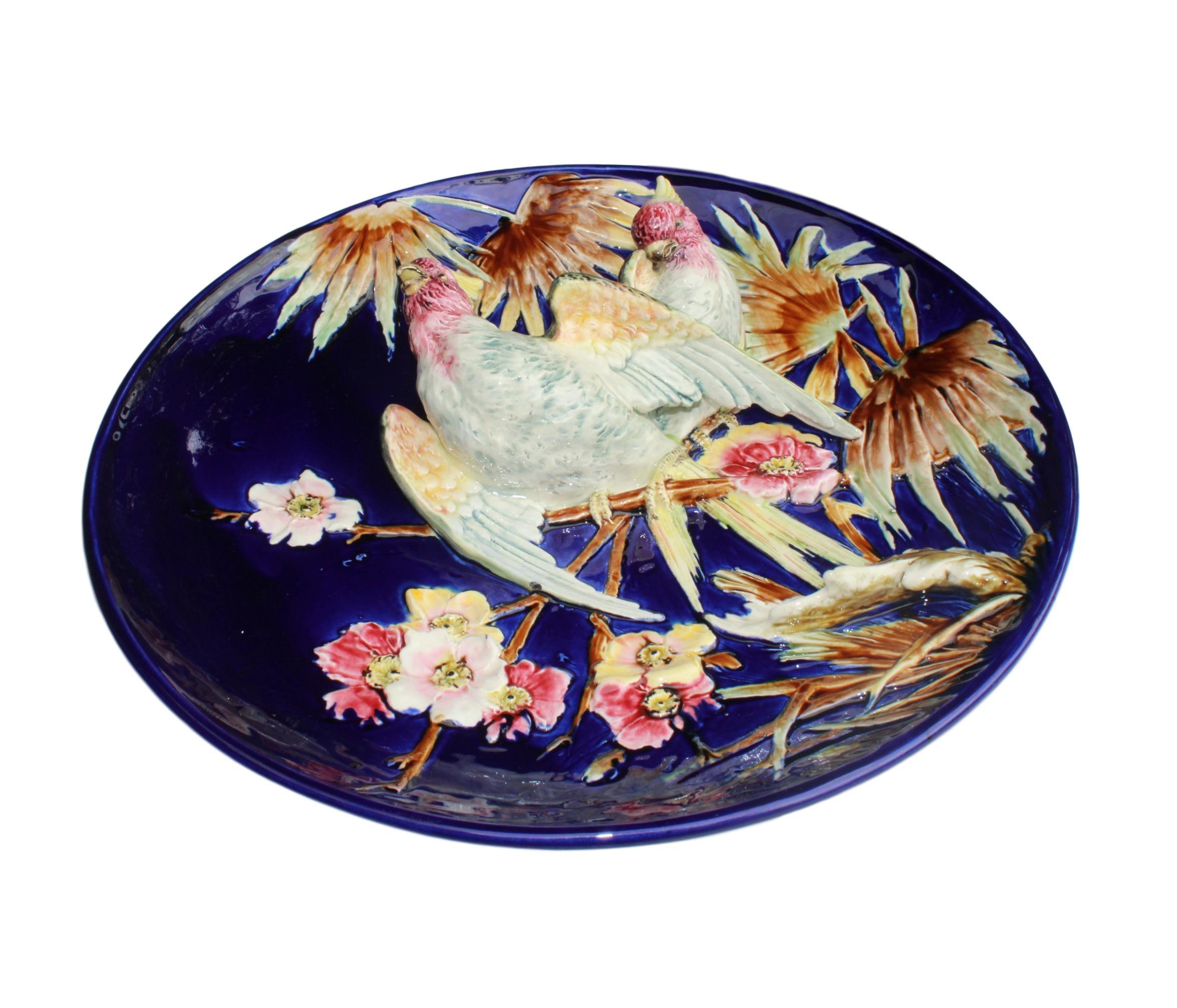 Victorian French Majolica Trompe L'oeil Charger, Parrots on a Cobalt Blue Ground, ca. 1880