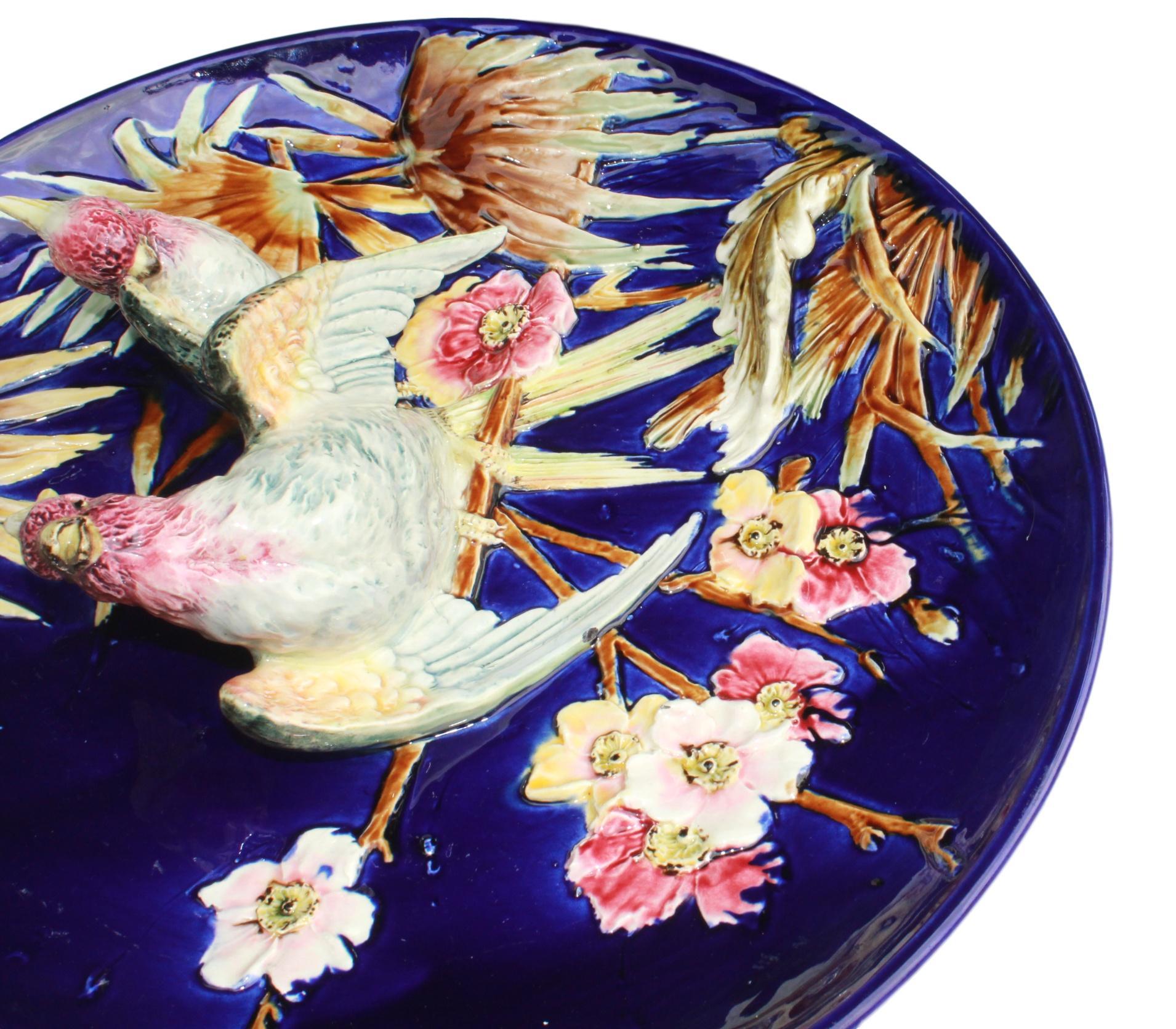 Molded French Majolica Trompe L'oeil Charger, Parrots on a Cobalt Blue Ground, ca. 1880