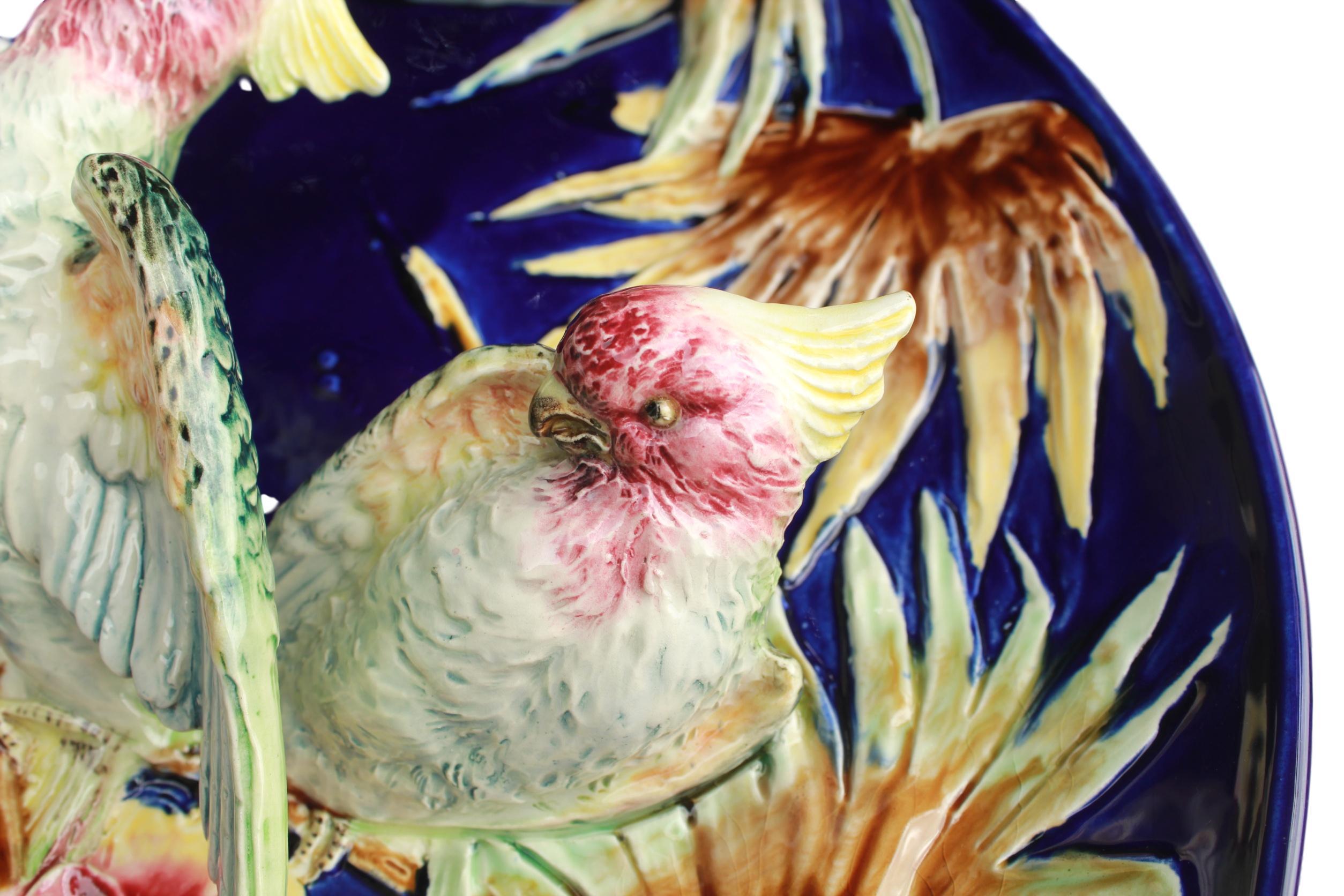 French Majolica Trompe L'oeil Charger, Parrots on a Cobalt Blue Ground, ca. 1880 In Good Condition In Banner Elk, NC