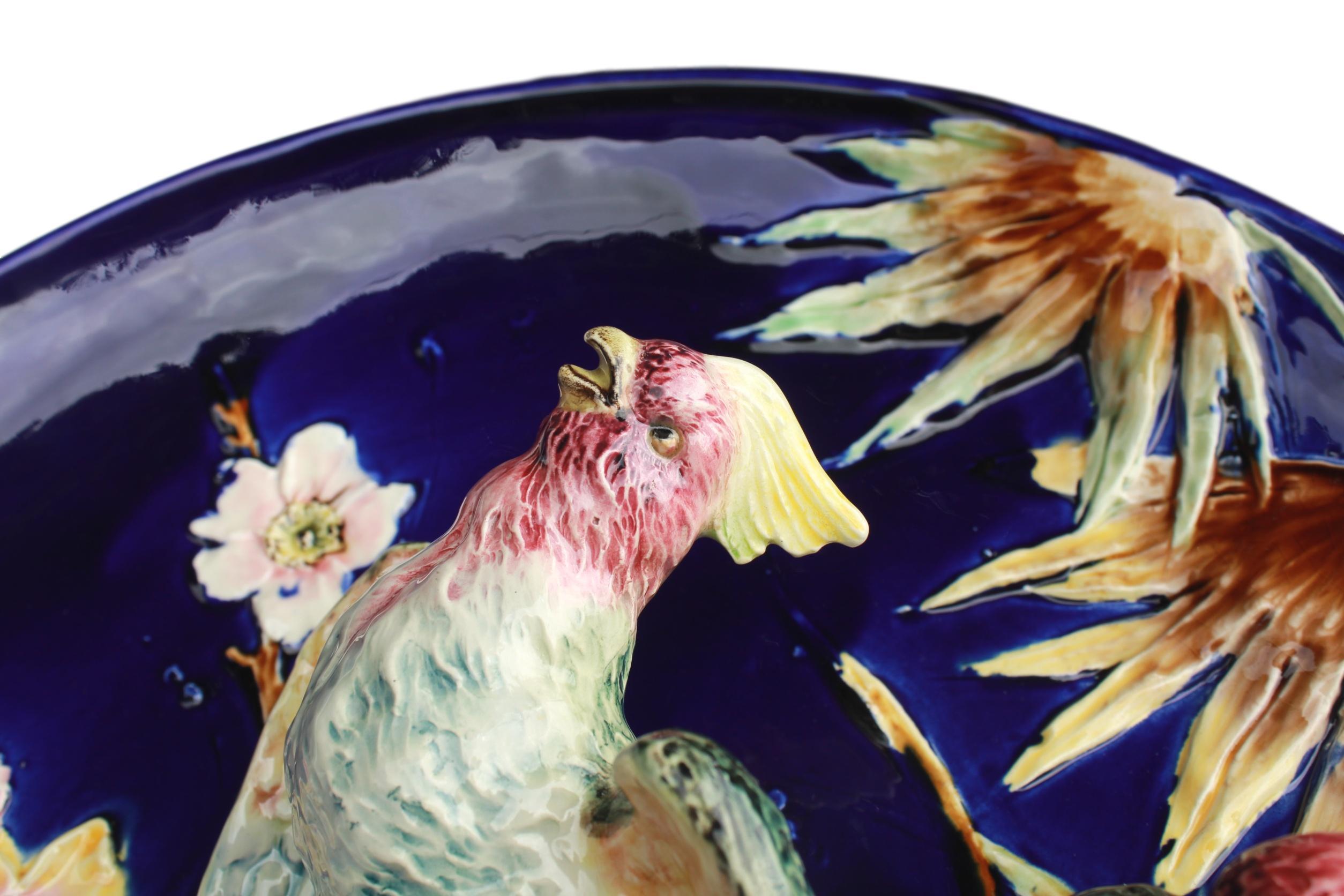 19th Century French Majolica Trompe L'oeil Charger, Parrots on a Cobalt Blue Ground, ca. 1880