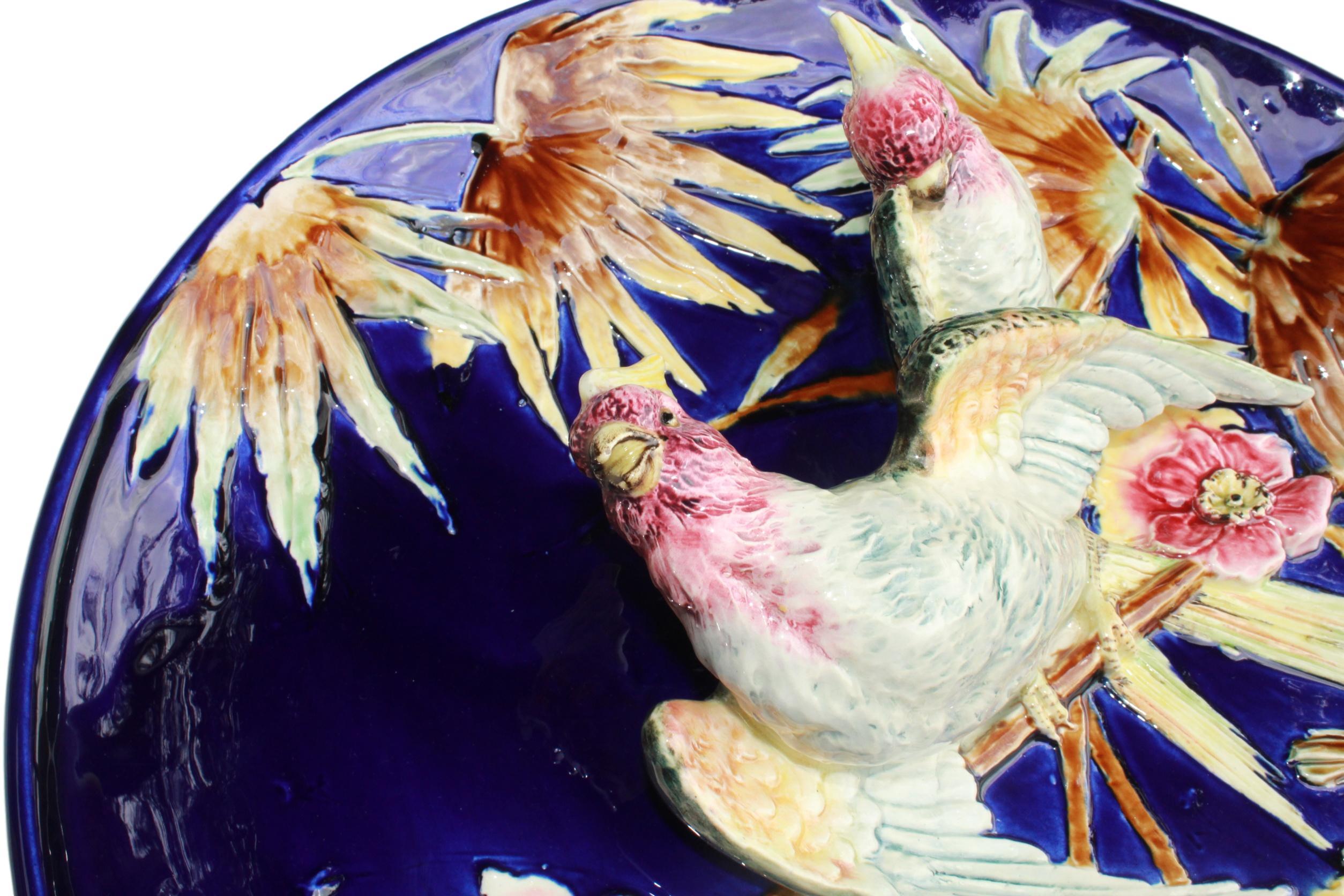 French Majolica Trompe L'oeil Charger, Parrots on a Cobalt Blue Ground, ca. 1880 1