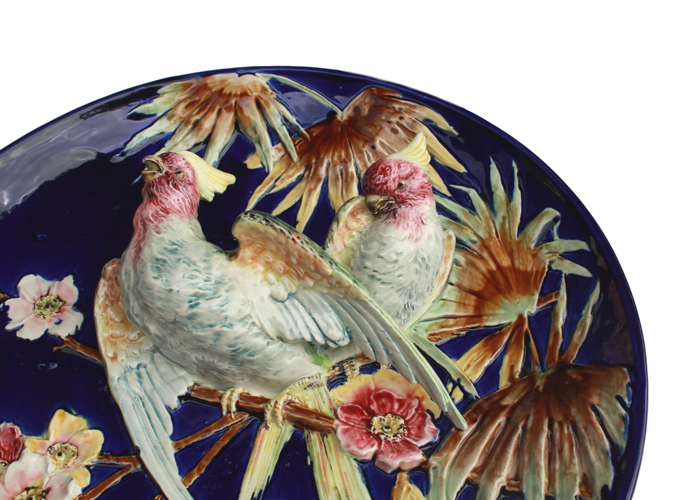 French Majolica Trompe L'oeil Charger, Parrots on a Cobalt Blue Ground, ca. 1880 2