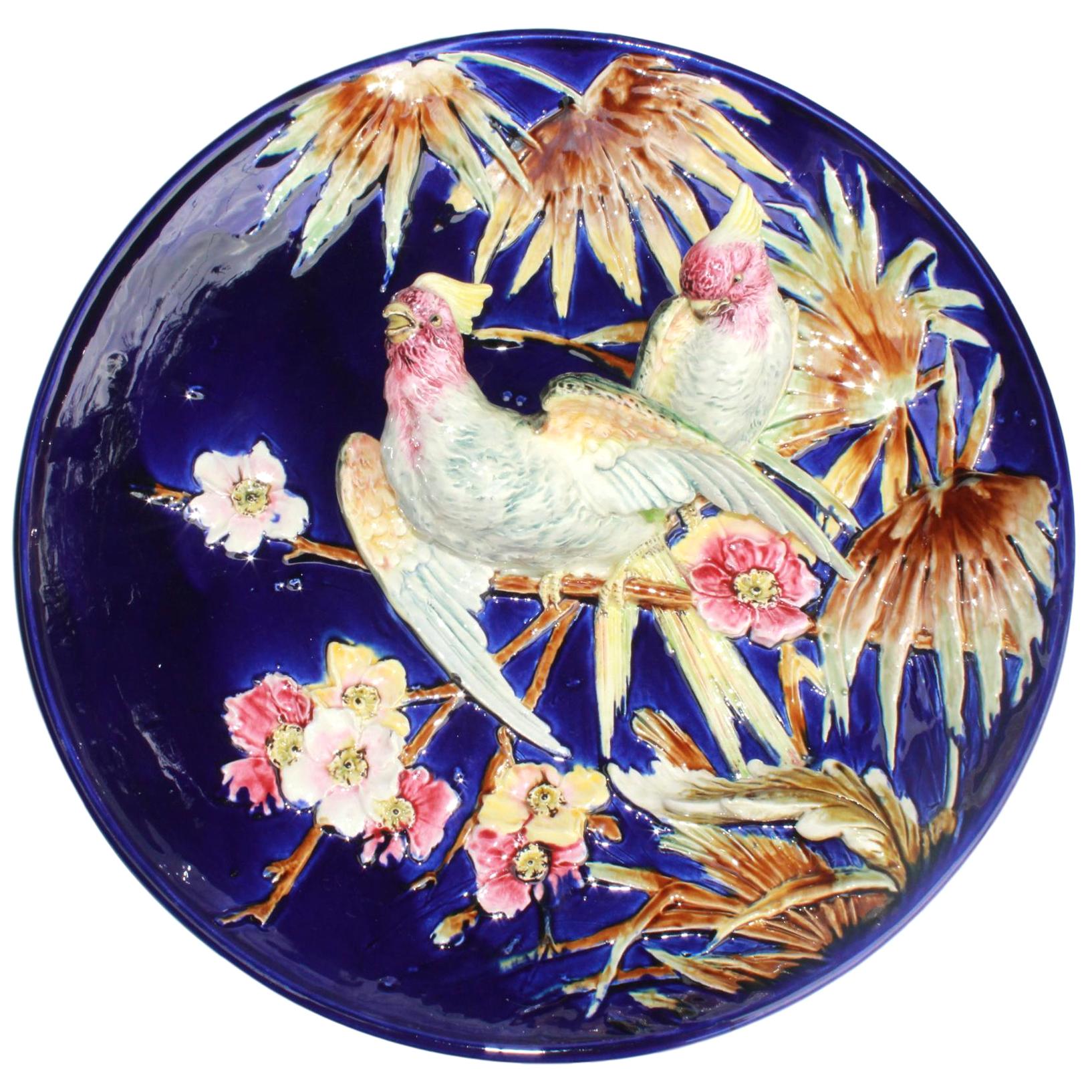 French Majolica Trompe L'oeil Charger, Parrots on a Cobalt Blue Ground, ca. 1880