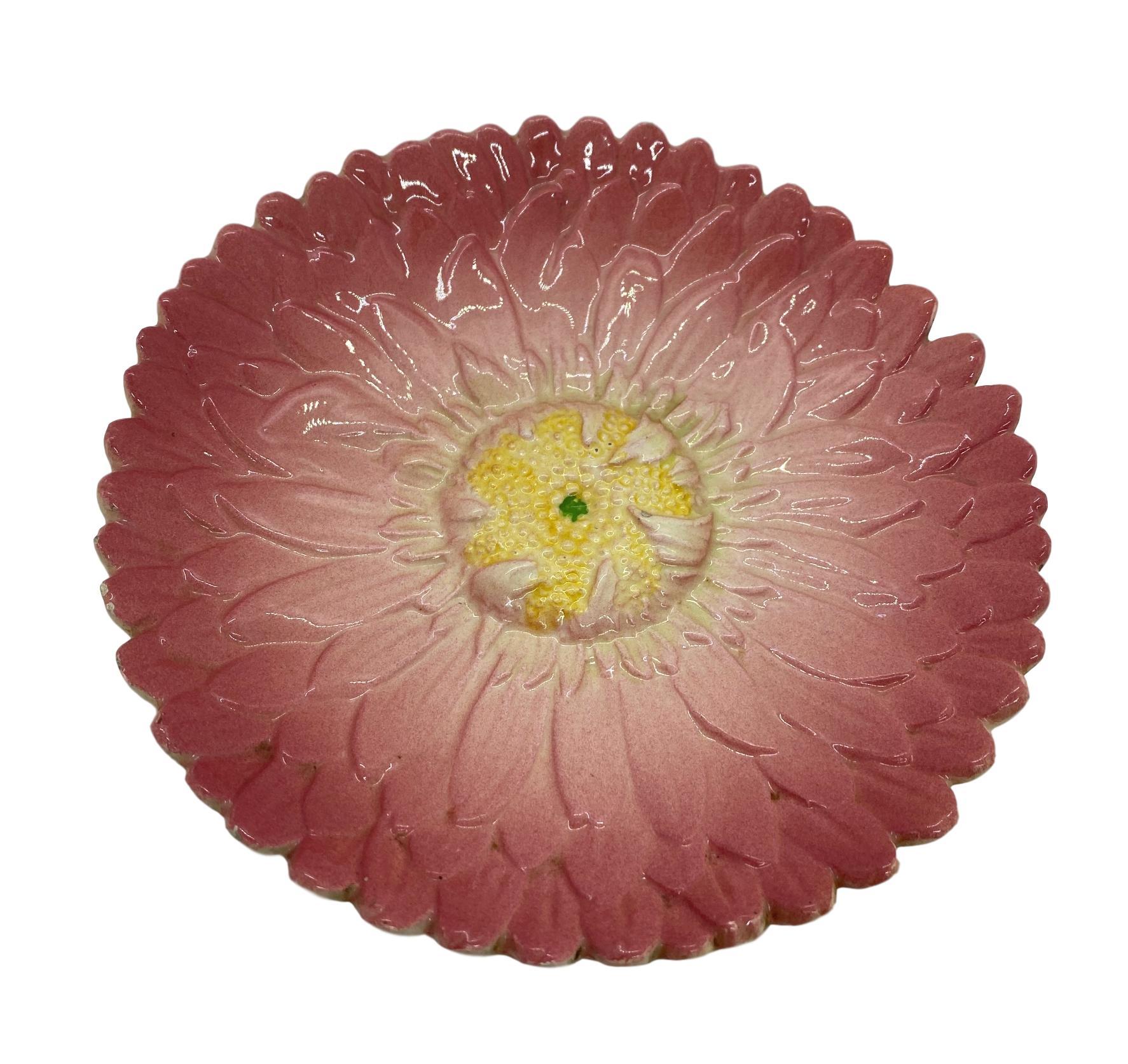 French Majolica Trompe L'oeil pink sunflower plate by Delphin Massier, circa 1870, 8 inches, naturalistically relief molded as a French pink sunflower, signed to reverse, 'Delphin Massier Vallauris (A.M.).'
For over 28 years we have been among the