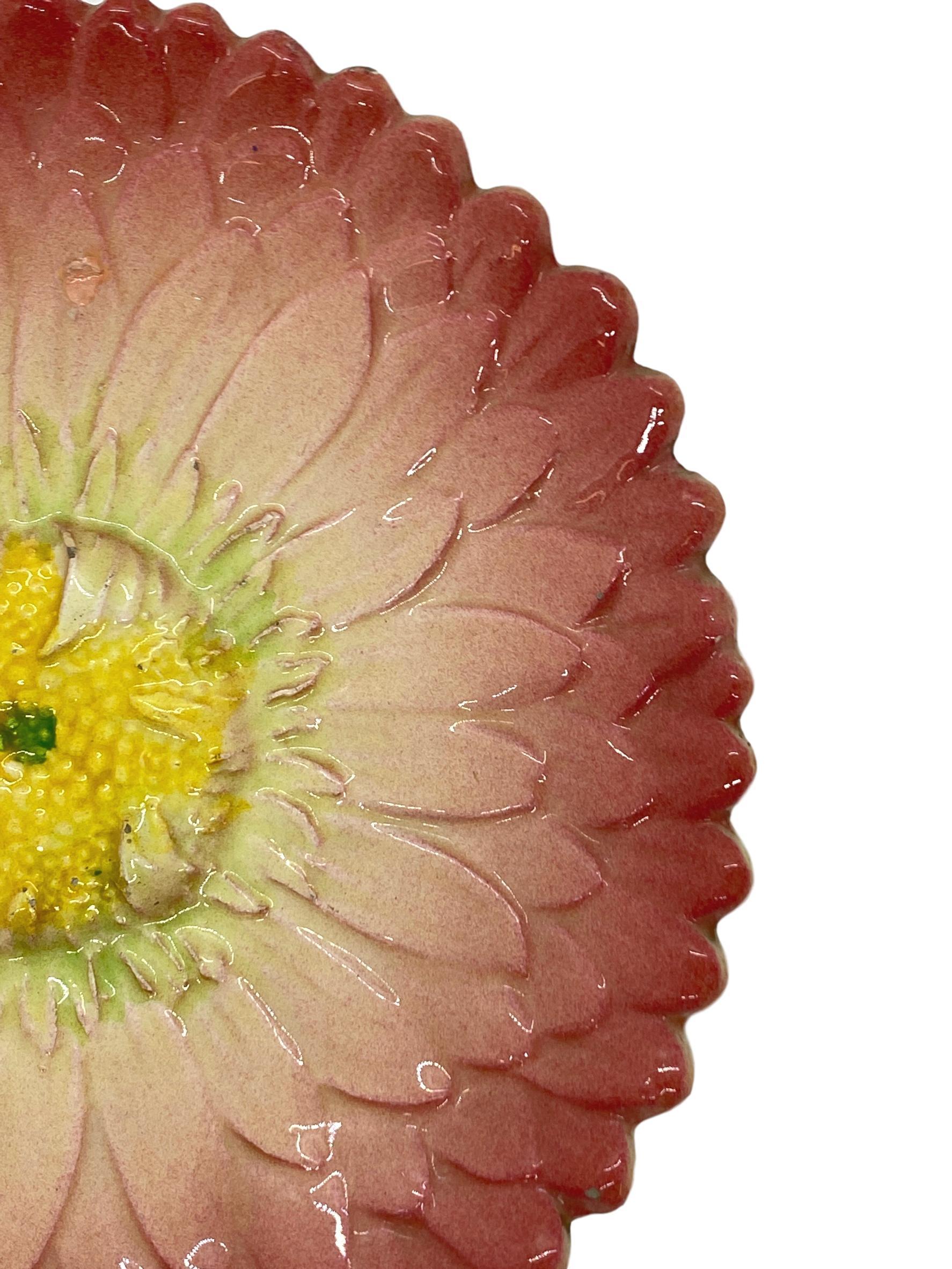 Victorian French Majolica Trompe L'oeil Pink Sunflower Plate, Delphin Massier, circa 1870