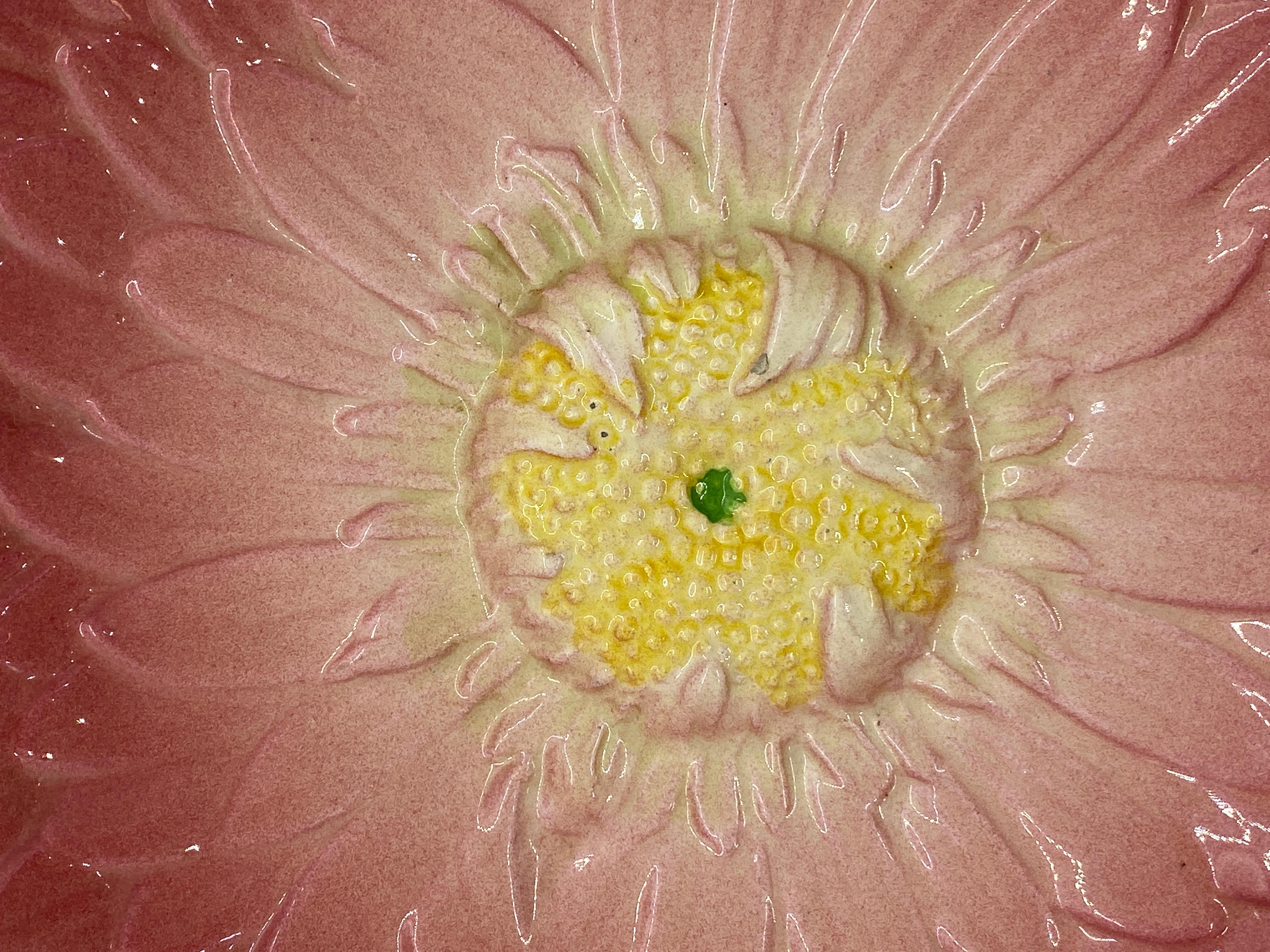Molded French Majolica Trompe L'oeil Pink Sunflower Plate by Delphin Massier circa 1870 For Sale