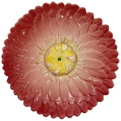 French Majolica Trompe L'oeil Pink Sunflower Plate by Delphin Massier circa 1870