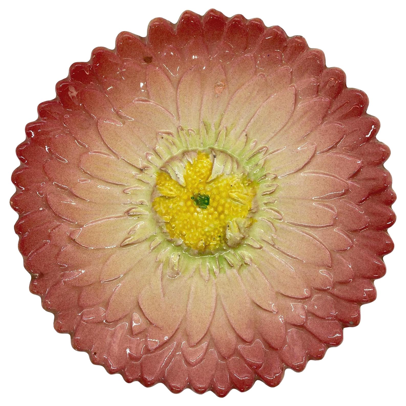 French Majolica Trompe L'oeil Pink Sunflower Plate, Delphin Massier, circa 1870