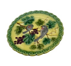 French Majolica Trompe L'oeil Plate, Pink Sparrows on Yellow Ground, circa 1865