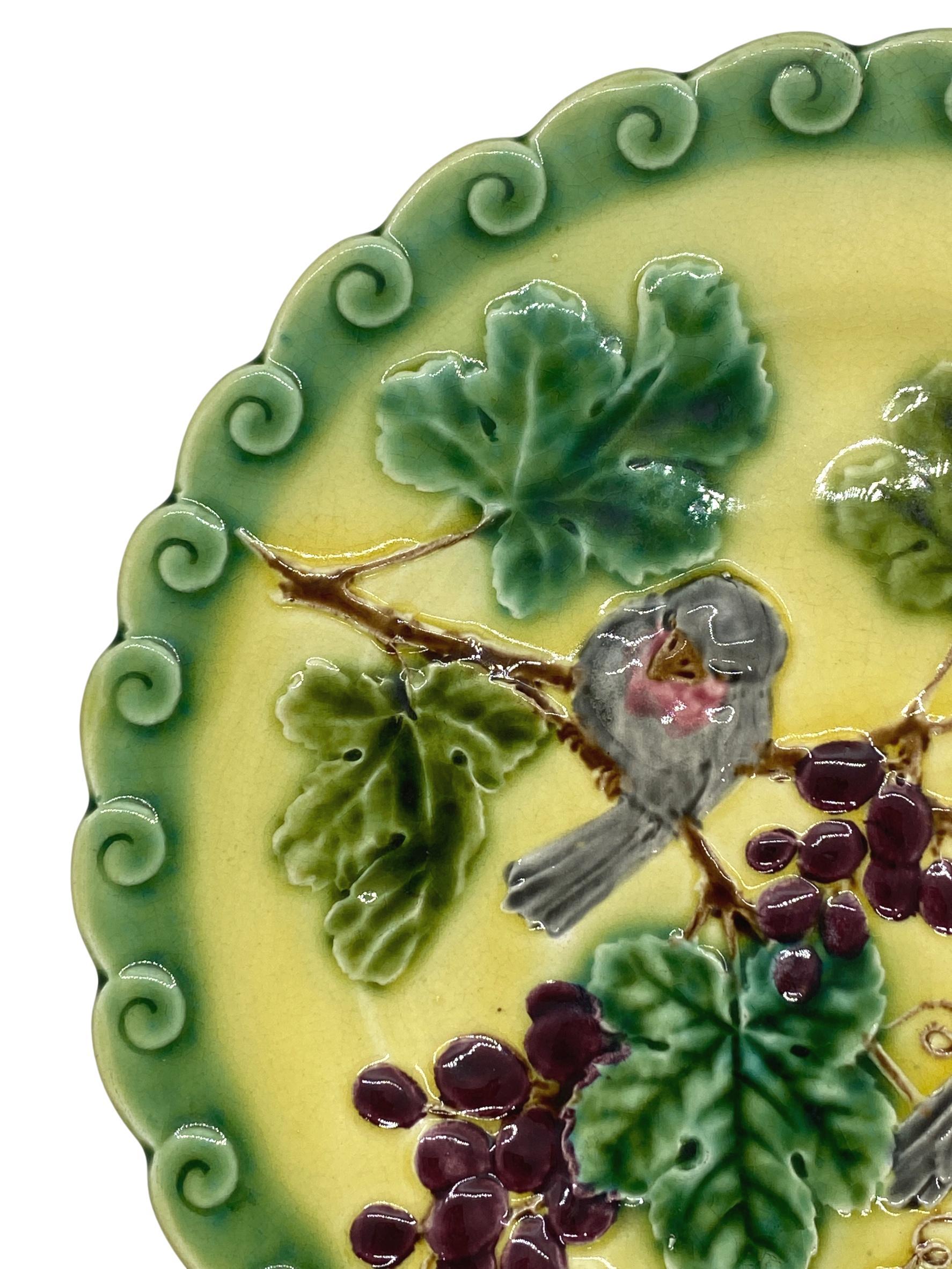 Victorian French Majolica Trompe L'oeil Plate, Pink Sparrows on Yellow Ground, circa 1865