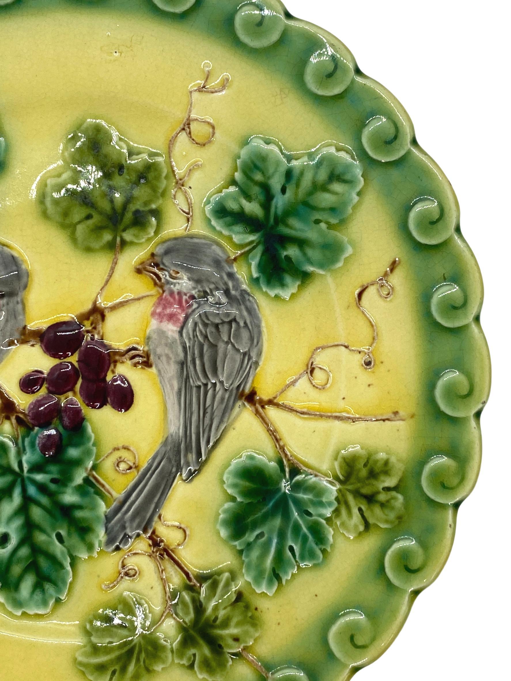 Molded French Majolica Trompe L'oeil Plate, Pink Sparrows on Yellow Ground, circa 1865