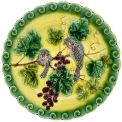 French Majolica Trompe L'oeil Plate, Pink Sparrows on Yellow Ground, circa 1865