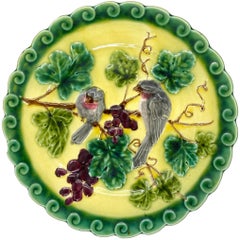 French Majolica Trompe L'oeil Plate, Pink Sparrows on Yellow Ground, circa 1865