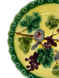 French Majolica Trompe L'oeil Plate, Pink Sparrows on Yellow Ground, circa 1865