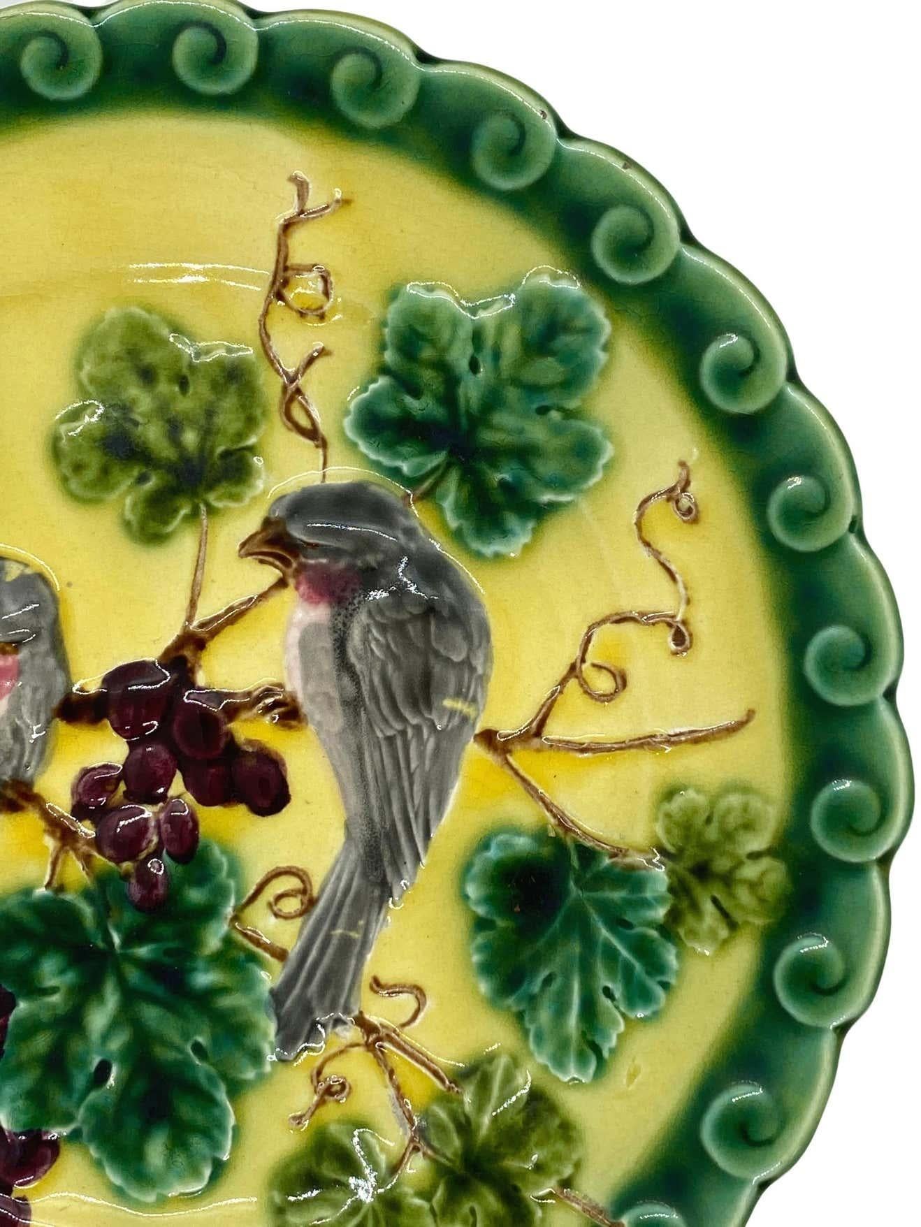 Victorian French Majolica Trompe L'oeil Plate, Pink Sparrows on Yellow Ground, circa 1865