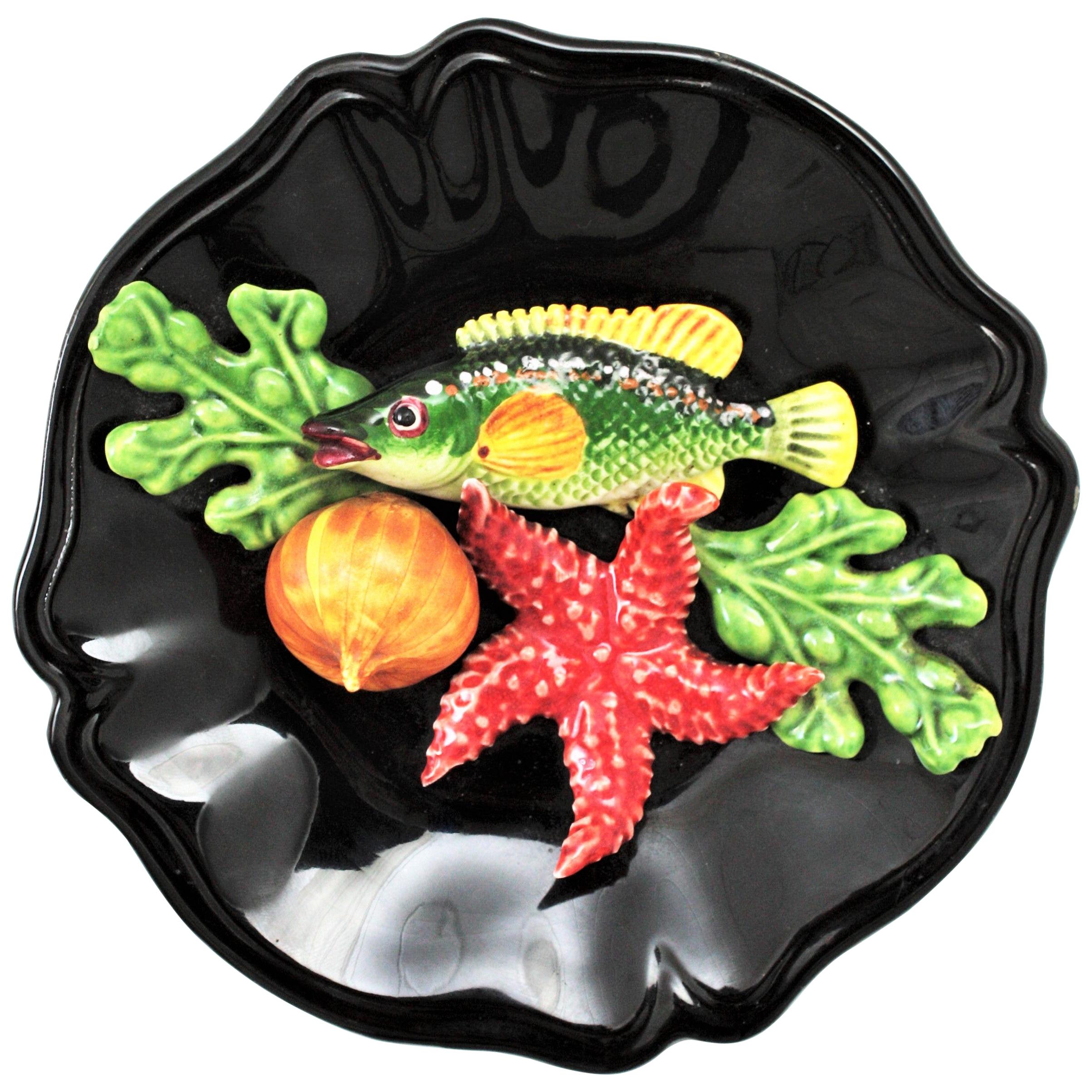 Vallauris Majolica Ceramic Wall Plate Trompe L'oeil Seafood Design