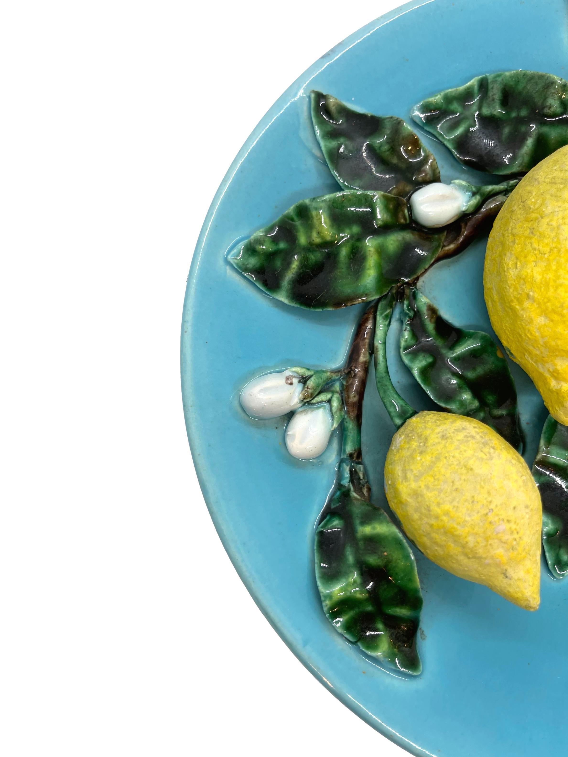 Victorian French Majolica Trompe L'oeil Wall Plaque with Lemons, Perret-Gentil, Menton