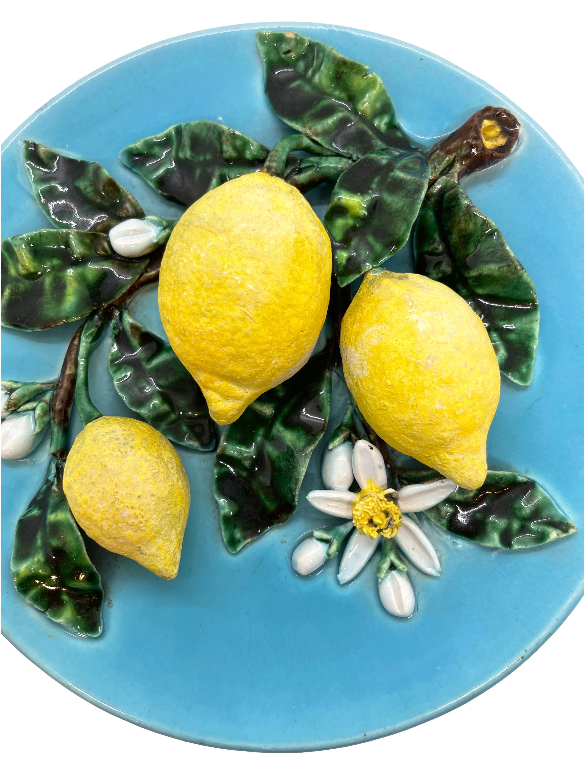 Molded French Majolica Trompe L'oeil Wall Plaque with Lemons, Perret-Gentil, Menton