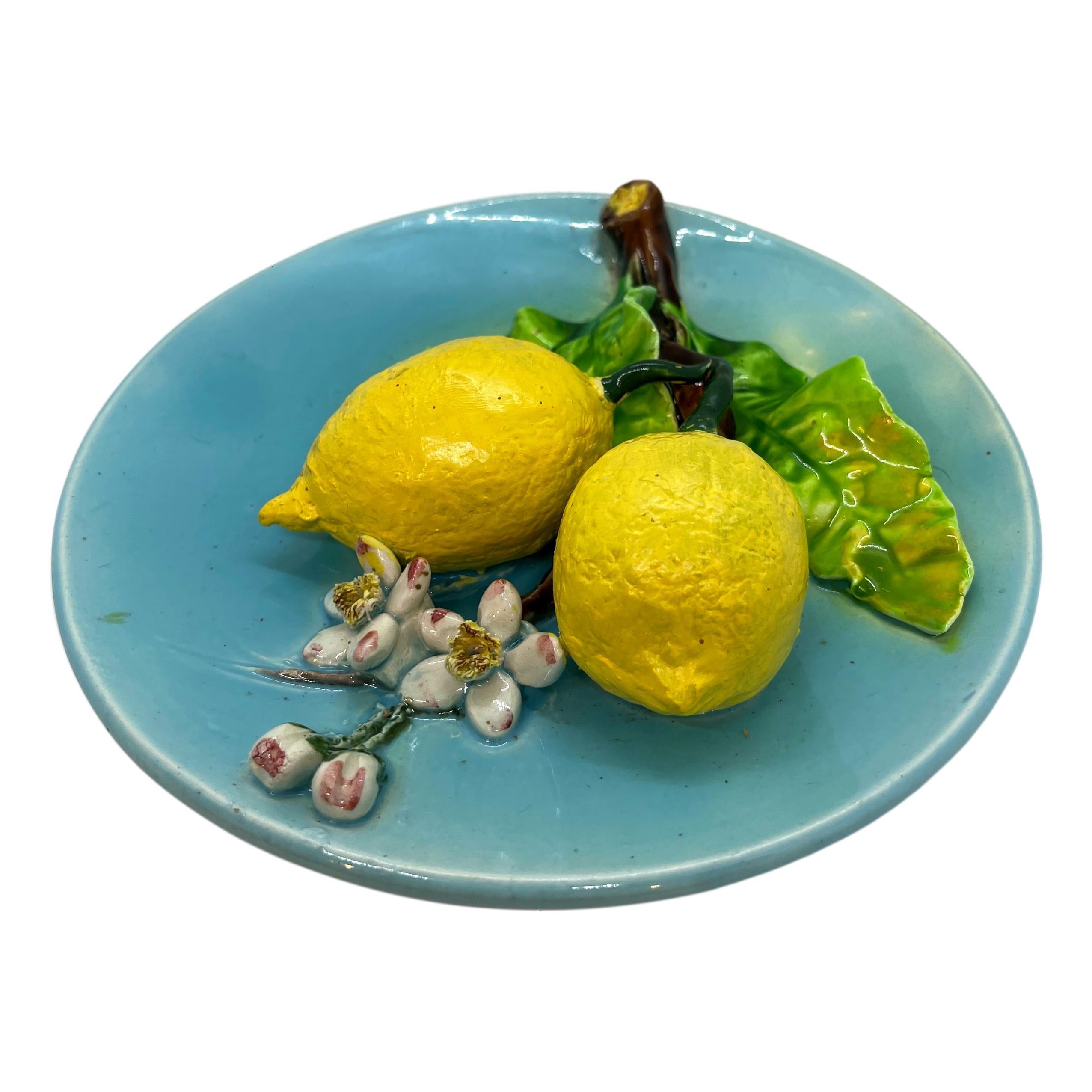 Molded French Majolica Trompe L'oeil Wall Plaque with Lemons, Perret-Gentil, Menton For Sale