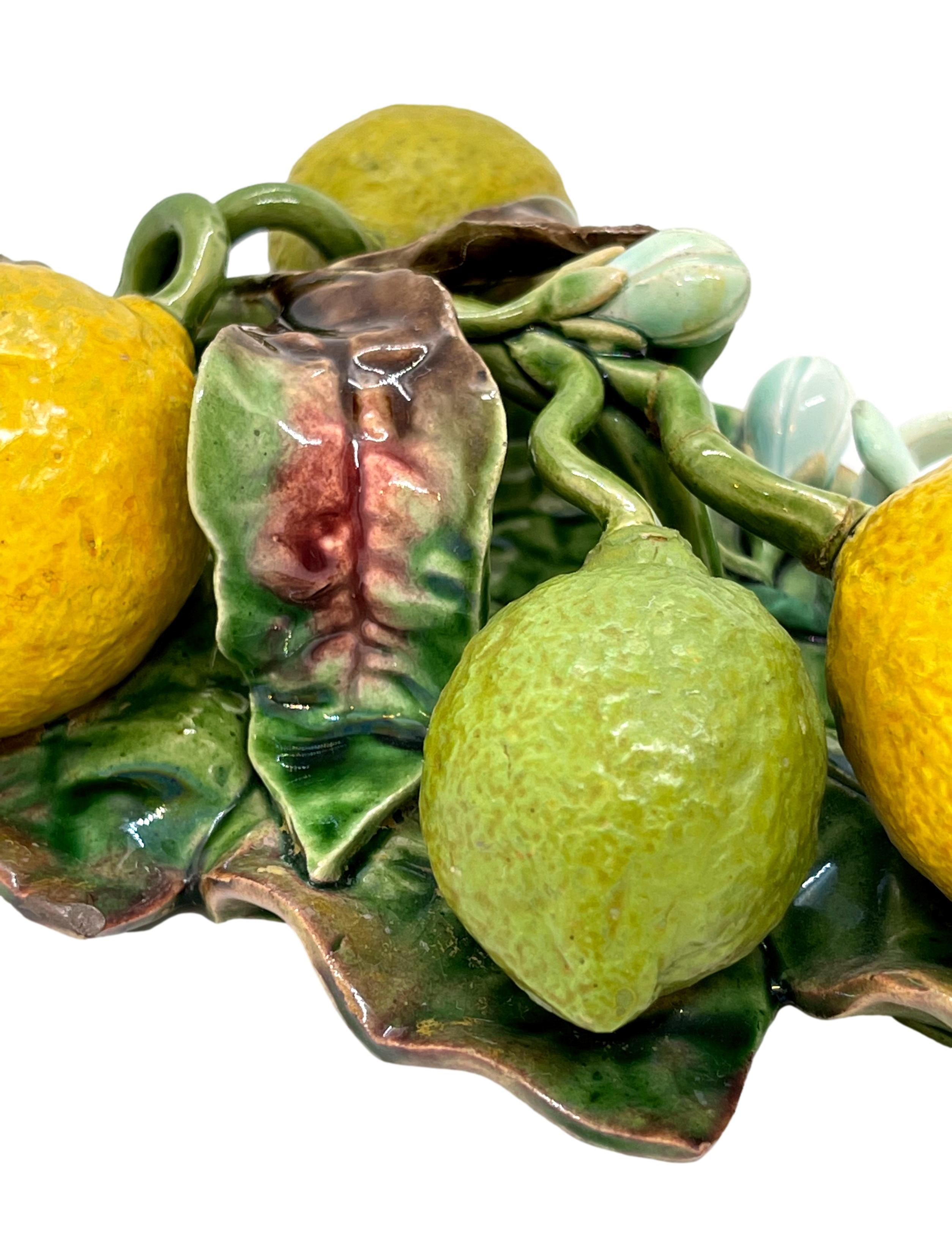 Molded French Majolica Trompe L'oeil Wall Plaque with Lemons, Perret-Gentil, Menton For Sale