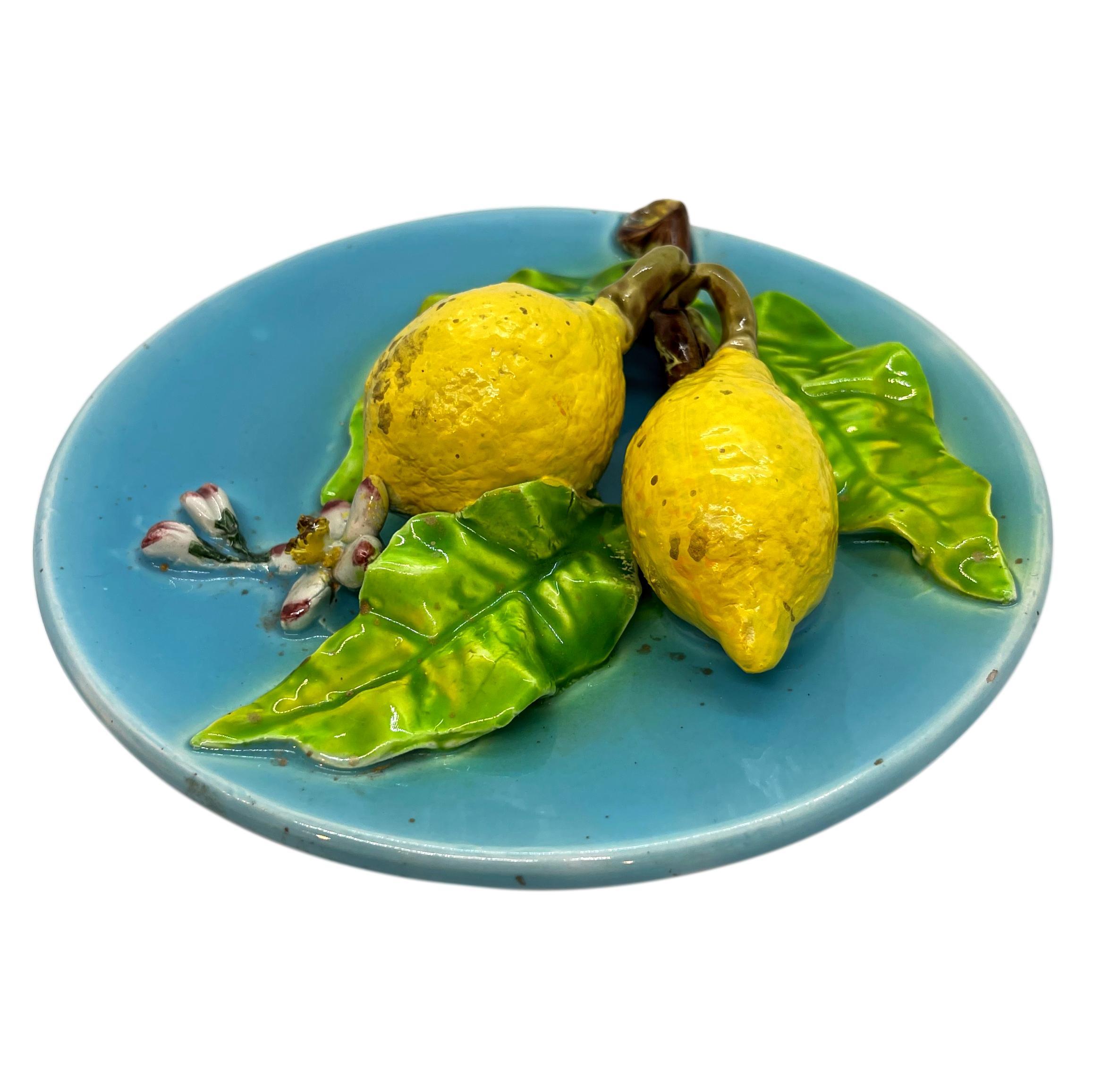 French Majolica Trompe L'oeil Wall Plaque with Lemons, Perret-Gentil, Menton In Good Condition For Sale In Banner Elk, NC