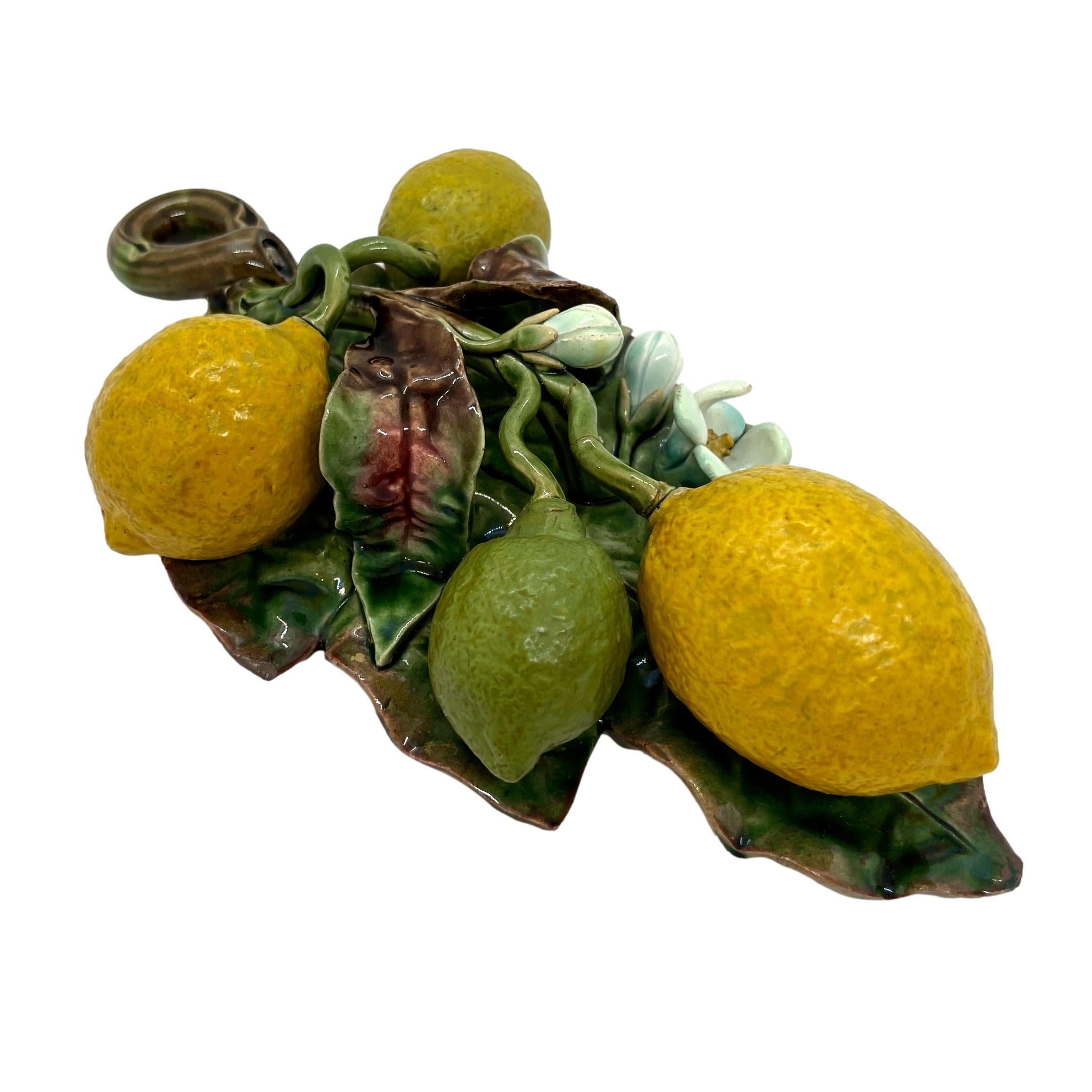 French Majolica Trompe L'oeil Wall Plaque with Lemons, Perret-Gentil, Menton In Good Condition For Sale In Banner Elk, NC
