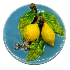 Antique French Majolica Trompe L'oeil Wall Plaque with Lemons, Perret-Gentil, Menton