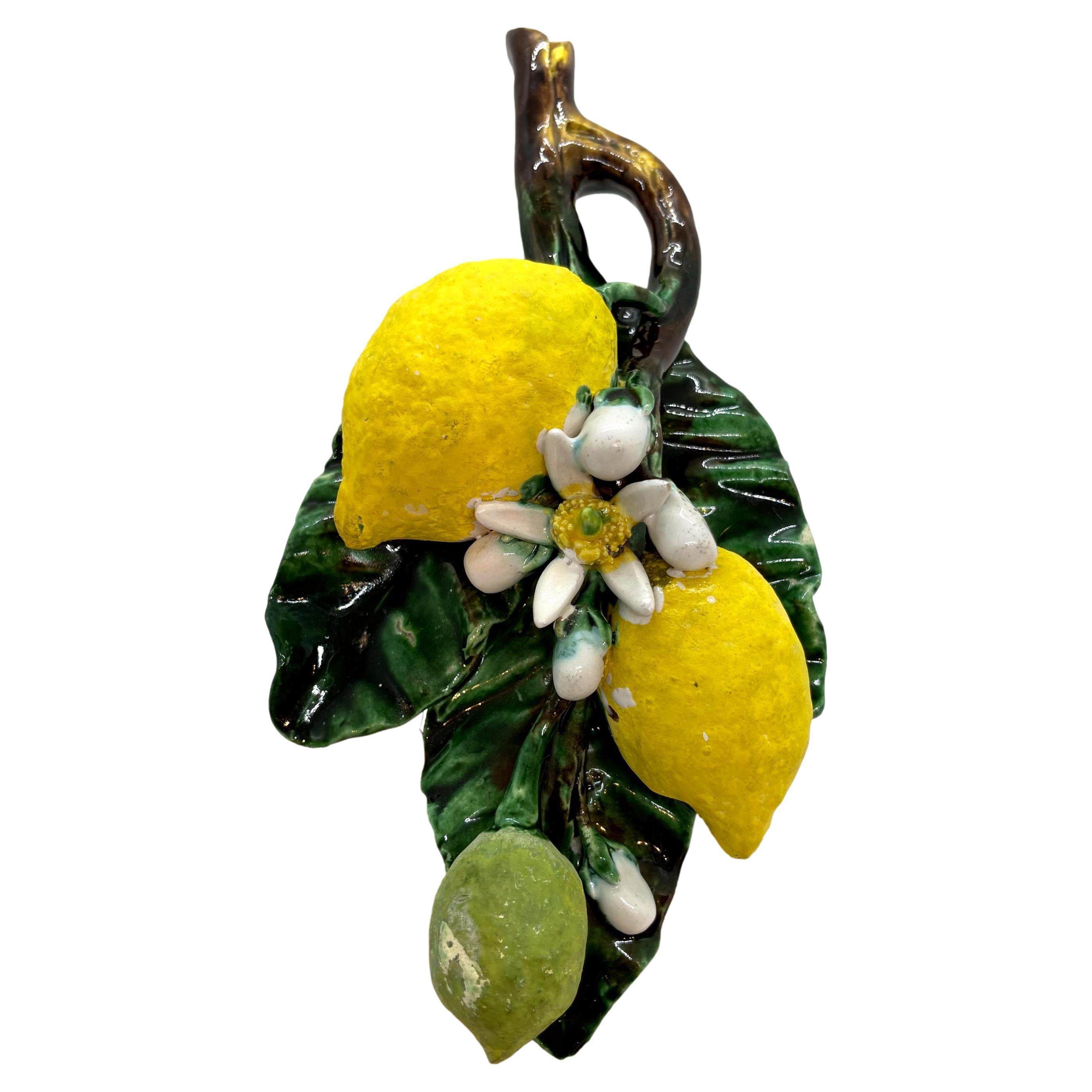 French Majolica Trompe L'oeil Wall Plaque with Lemons, Perret-Gentil, Menton