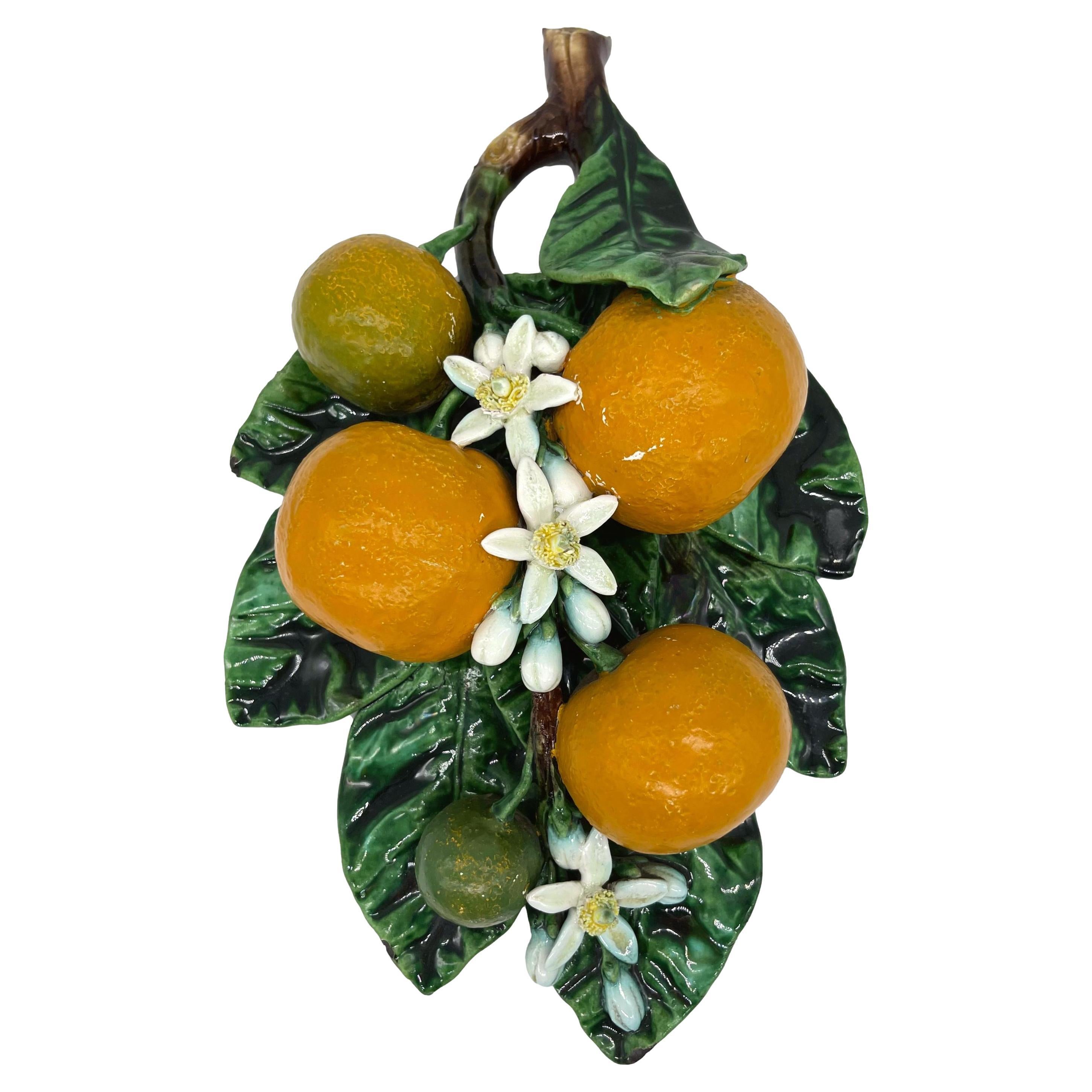 French Majolica Trompe L'oeil Wall Plaque with Oranges by Perret-Gentil, Menton