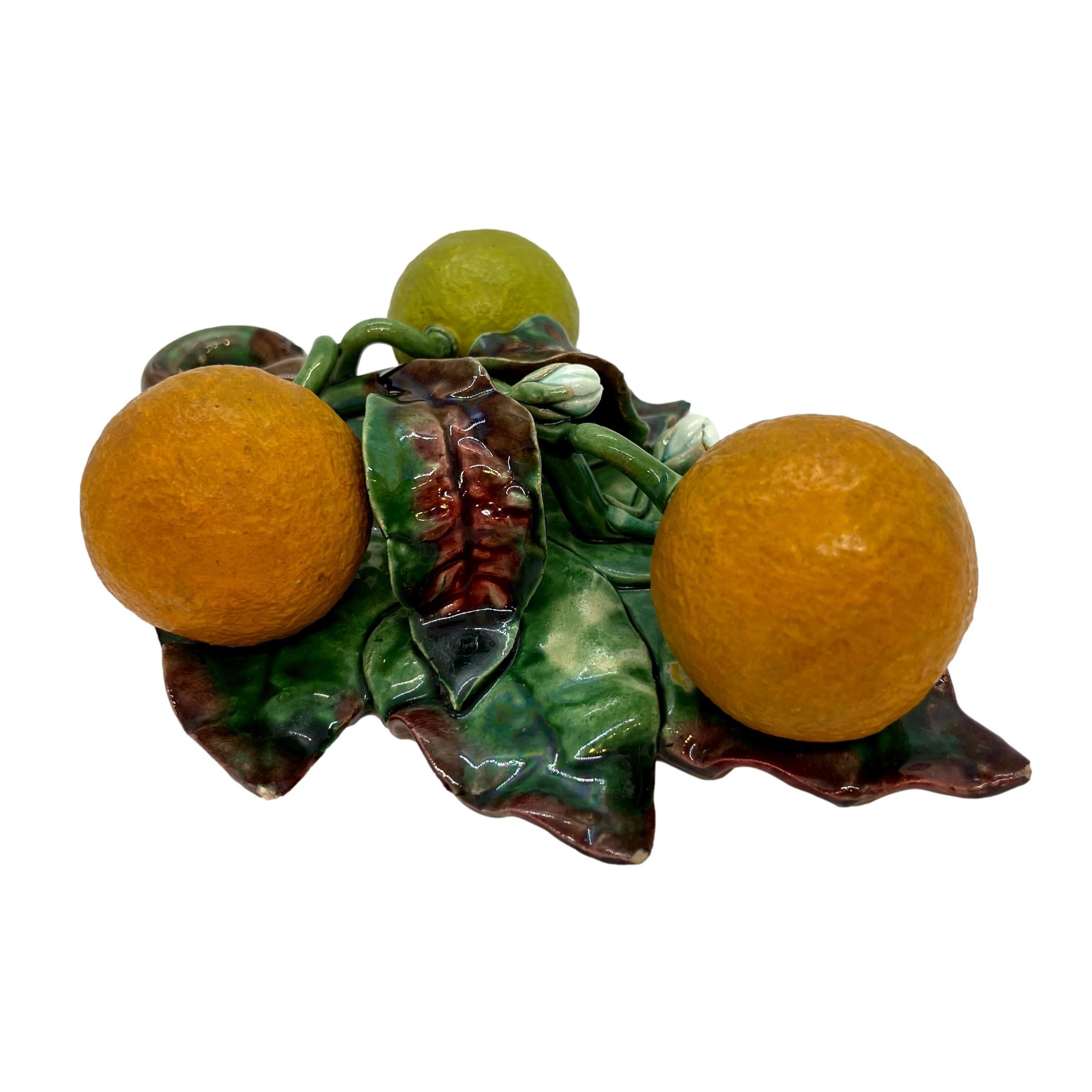 Molded French Majolica Trompe L'oeil Wall Plaque with Oranges, Perret-Gentil, Menton For Sale
